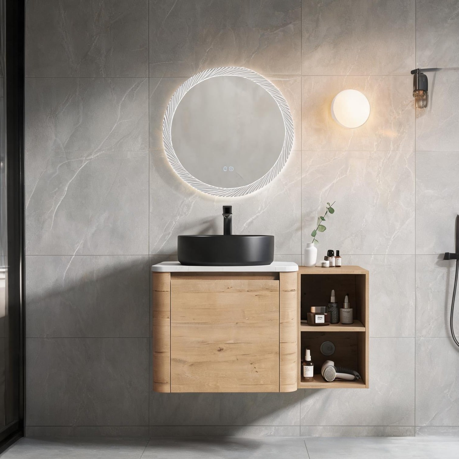 Watnature 36-Inch Wall-Mounted Vanity with Ceramic Sink Imitative Oak Plywood Storage Shelves Soft-Close