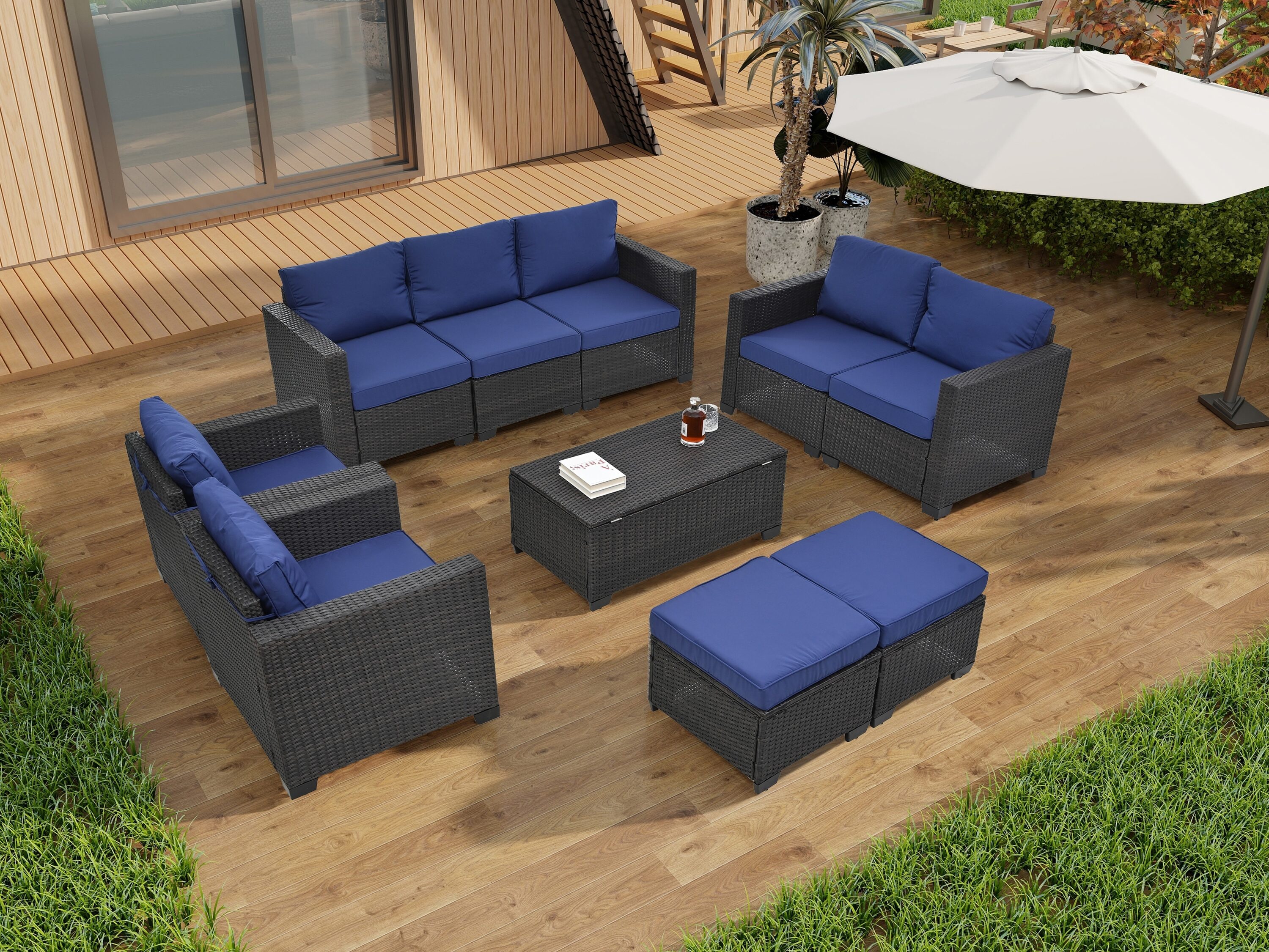 Tatayosi 10 Piece PE Rattan Patio Furniture Set; Sectional Sofa Set; Outdoor Patio Furniture Set With Cushions  Tempered Glass Coffee Table