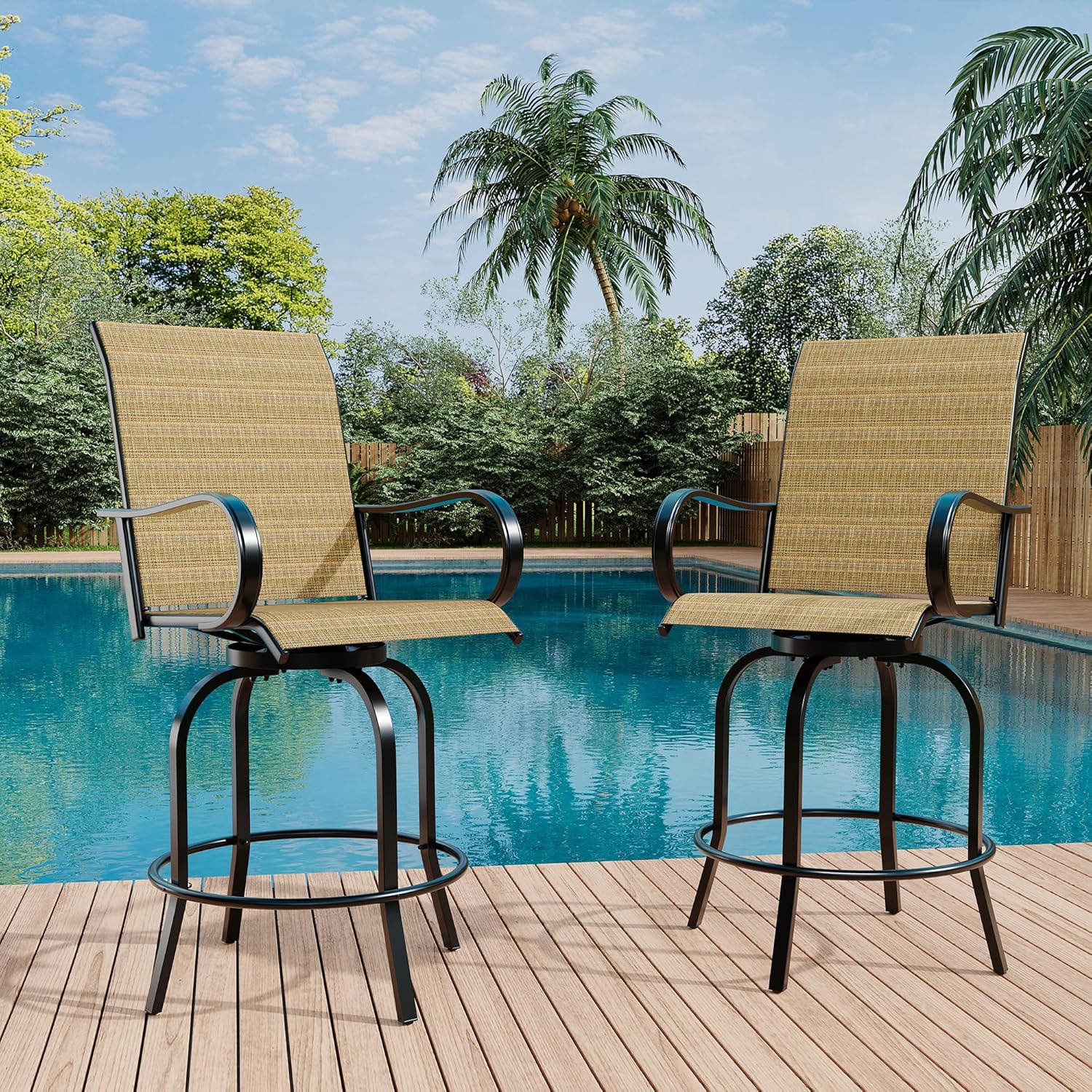 Qeetex LHF-HW-PPG-334N9LGM 2 PCS Outdoor Swivel Bar Stools Set All Weather High Back and Armrest Patio Chairs for Deck Patio High Swivel Bar Stools - Gold