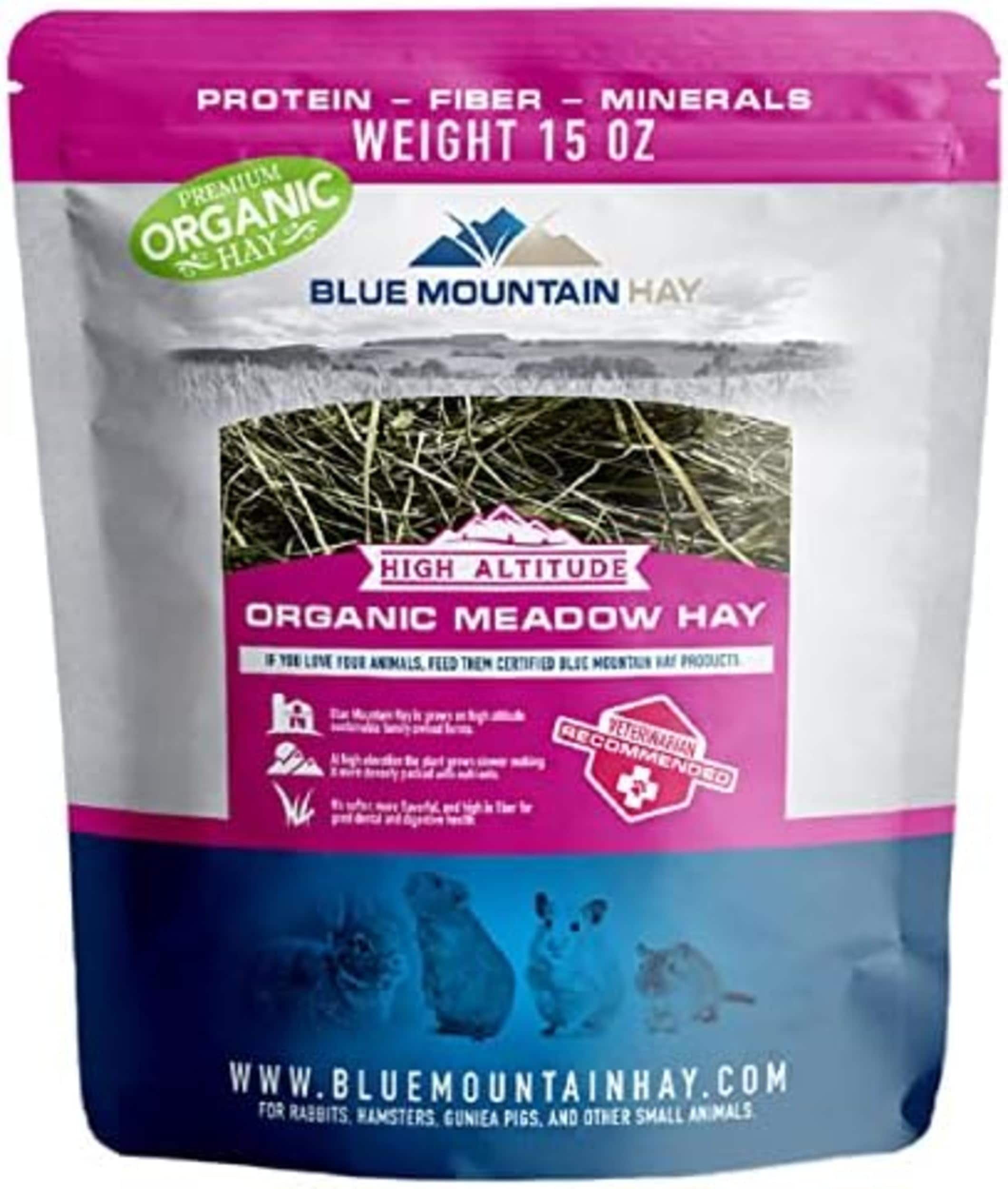 Blue Mountain  Hay High Altitude Organic Meadow Hay Small Animal Food (15 oz) Fresh Natural Forage Supporting Digestive Dental Mental Health Sweet Savory Non-GMO No Additives or Preservatives