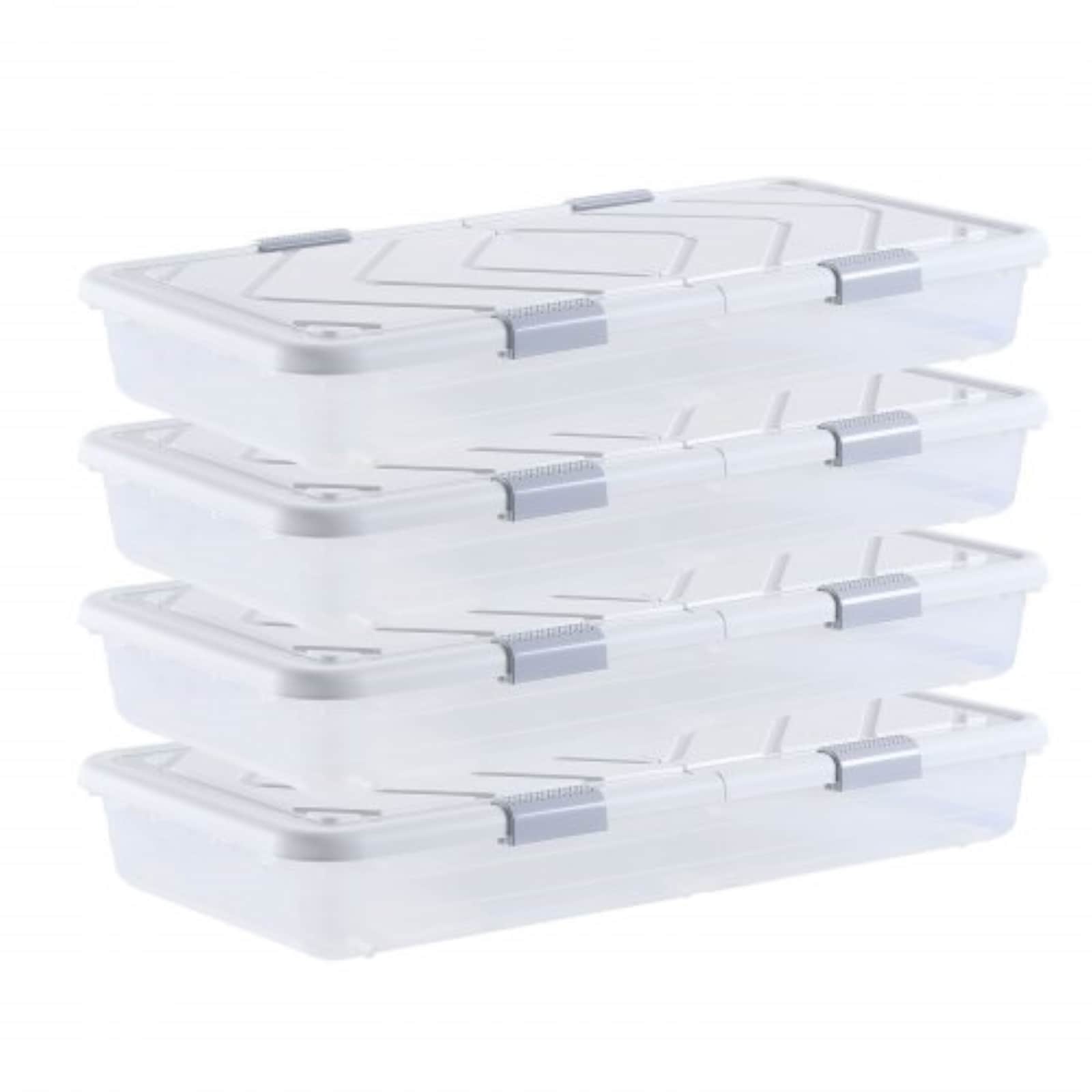 Slickblue 4 Pack Stackable Rolling Plastic Storage Under Bed Storage Containers with Snap Lock Lid for Bedroom Closet Dorm Room 6.9 In H x 31.7 In W x 15.6 In D White