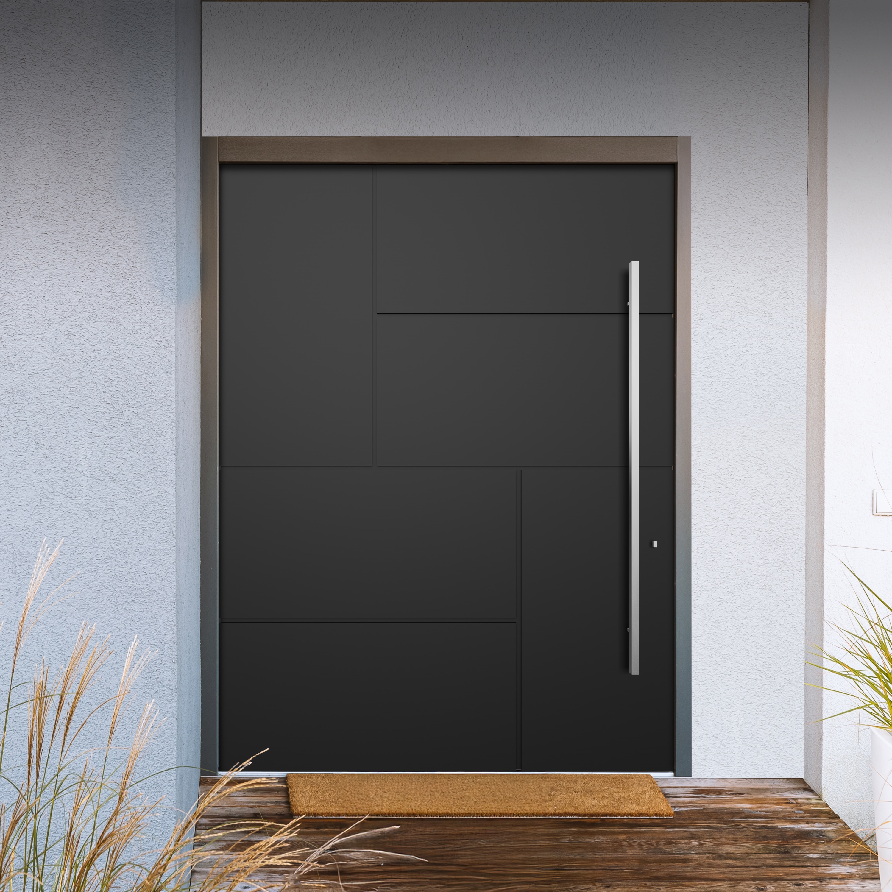 Panda Windows and Doors PL2003-6080 Discovery 60-in x 80-in x 4-5/8-in Engineered composite No glass Universal reversible Black Aluminum Composite Material Painted Prehung Front Door Insulating core