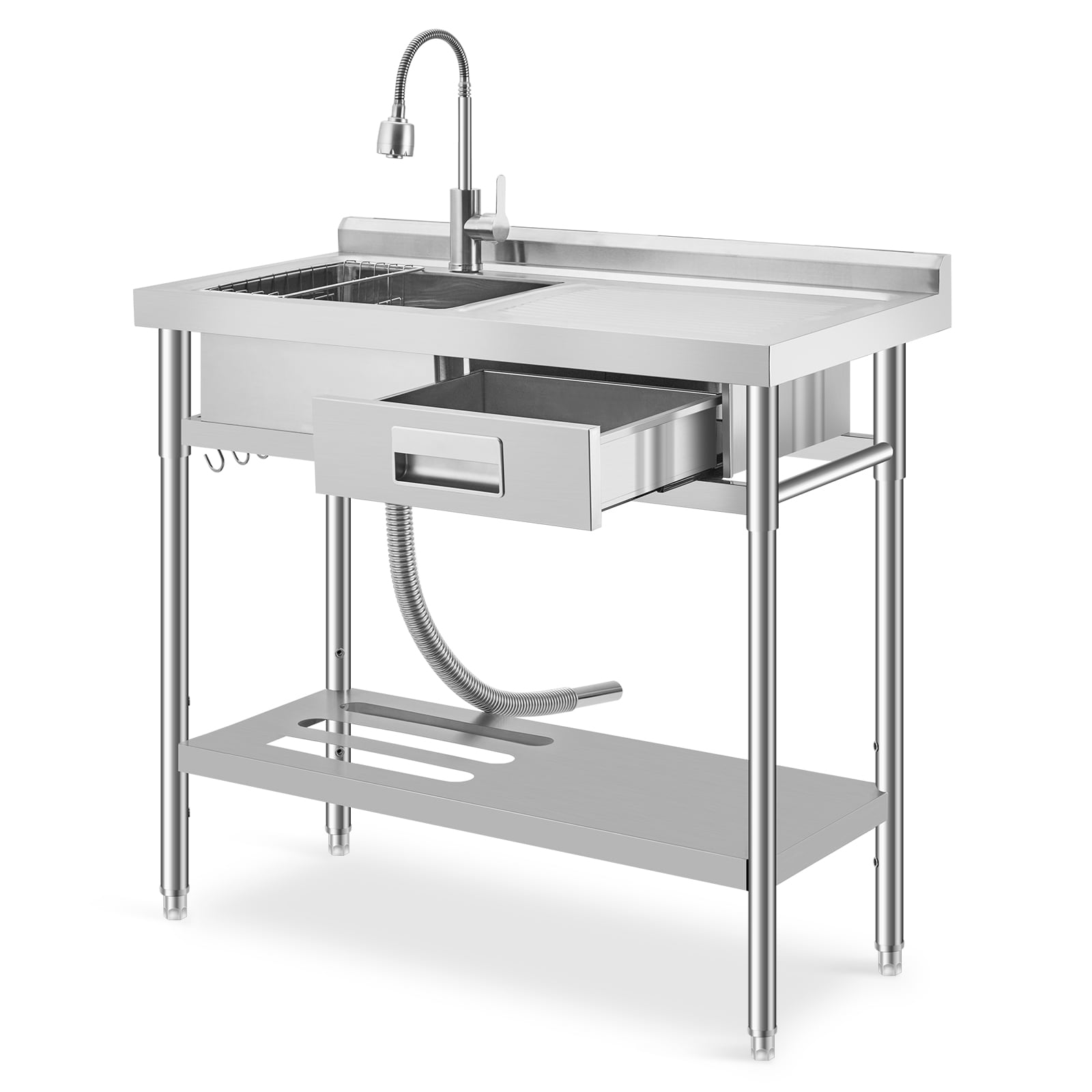 GarveeLife 39.4x19.7x38.6 Inch Stainless Steel Utility Sink Freestanding Single Bowl with Pull Out Hot and Cold Faucet Drawer Drain Basket and Dish Rack