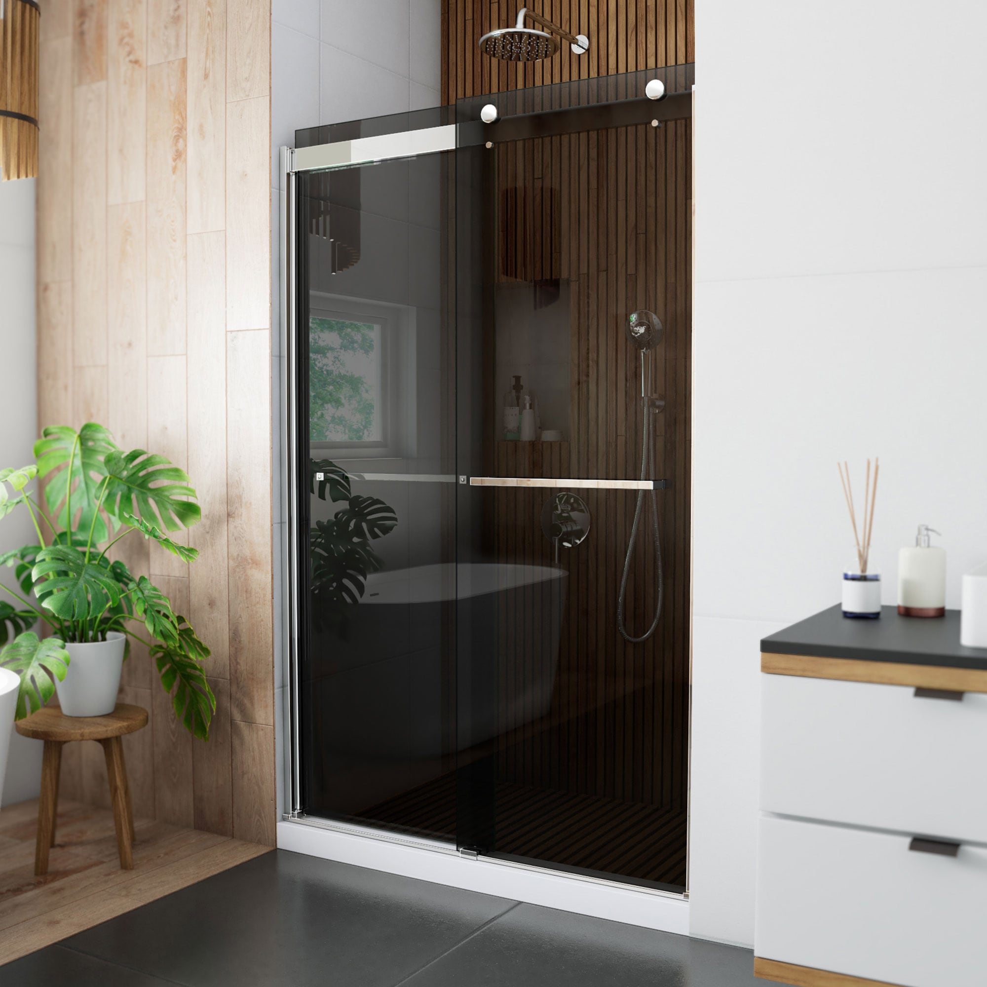 DreamLine SHDR-6348762G01 Sapphire Chrome 44-in to 48-in W x 76-in H Semi-frameless Bypass Sliding Shower door 5/16-in Thick Smoke gray Glass