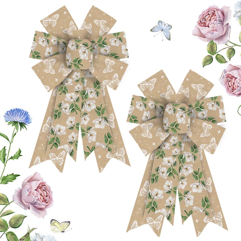 AKSCYZM  Fall Flowers Bows for Wreath Natural Burlap Bow Floral Butterfly Farmhouse Craft Bows for Front Door Thanksgiving Day Decorations