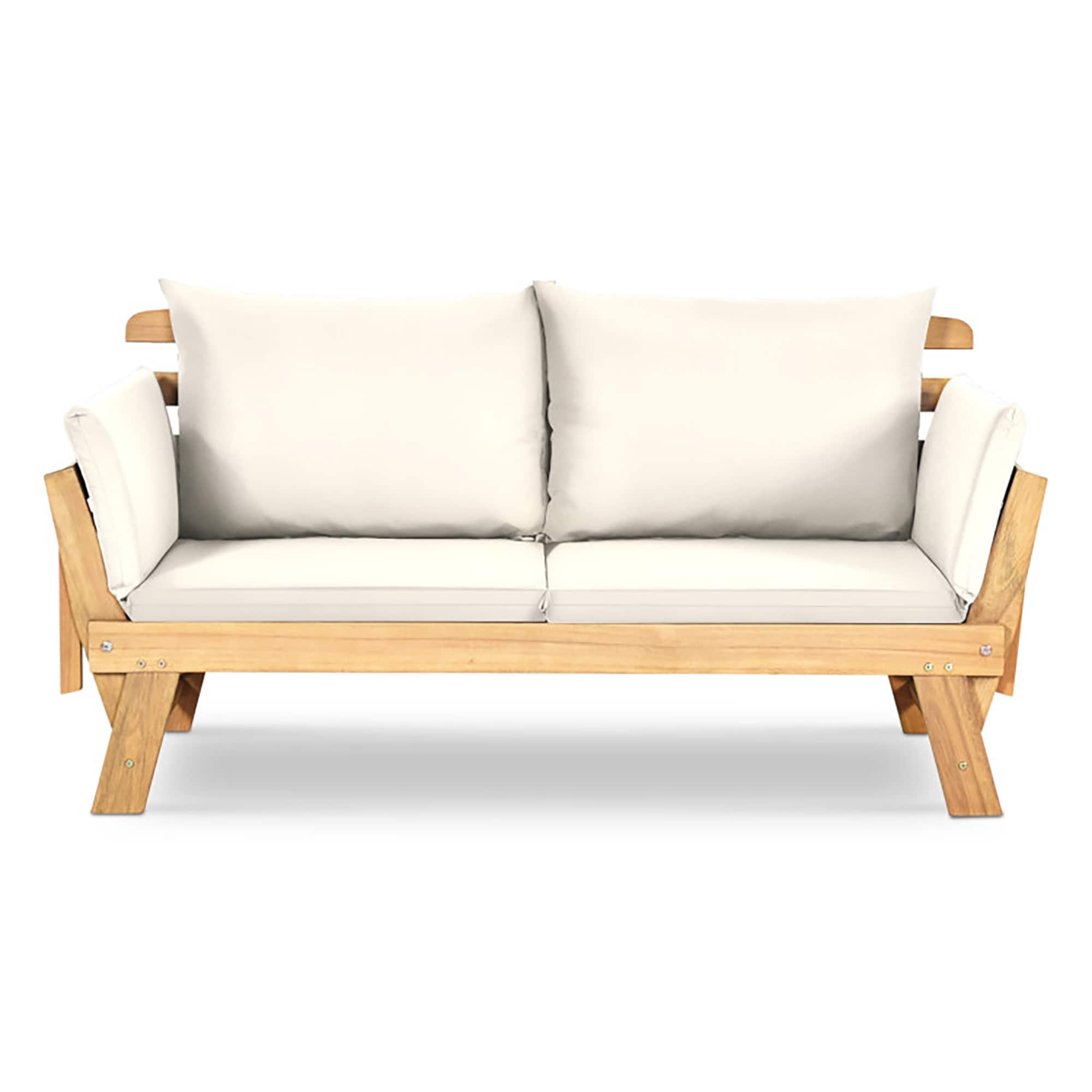 Forclover HYFL-07ARH Adjustable Patio Convertible Sofa with Thick Cushion Outdoor Loveseat with Beige Cushions and Wood Frame