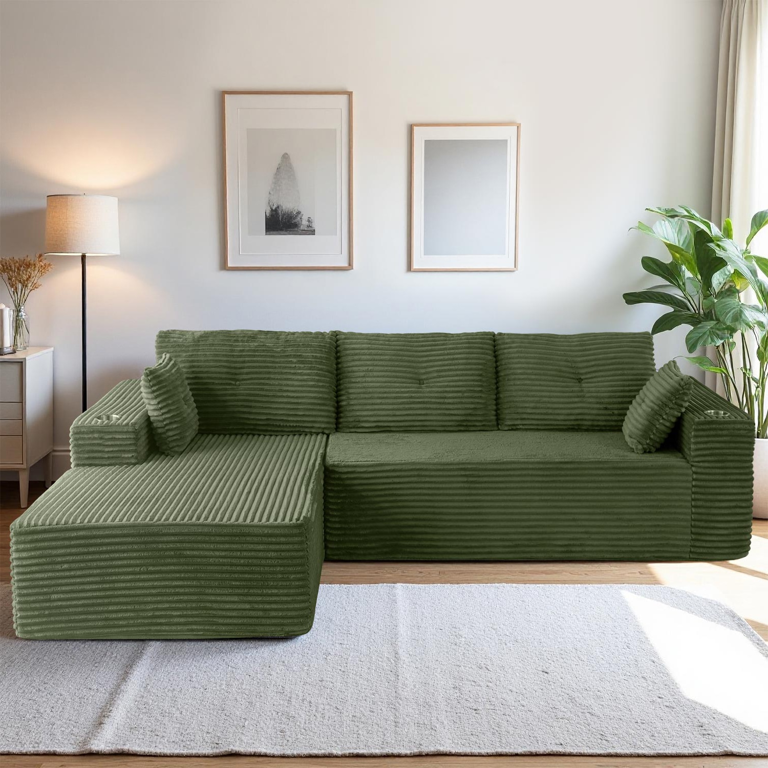 MAXYOYO - 104-in Green Modular Corduroy Sectional Couch Sofa with L-Shape Left Chaise