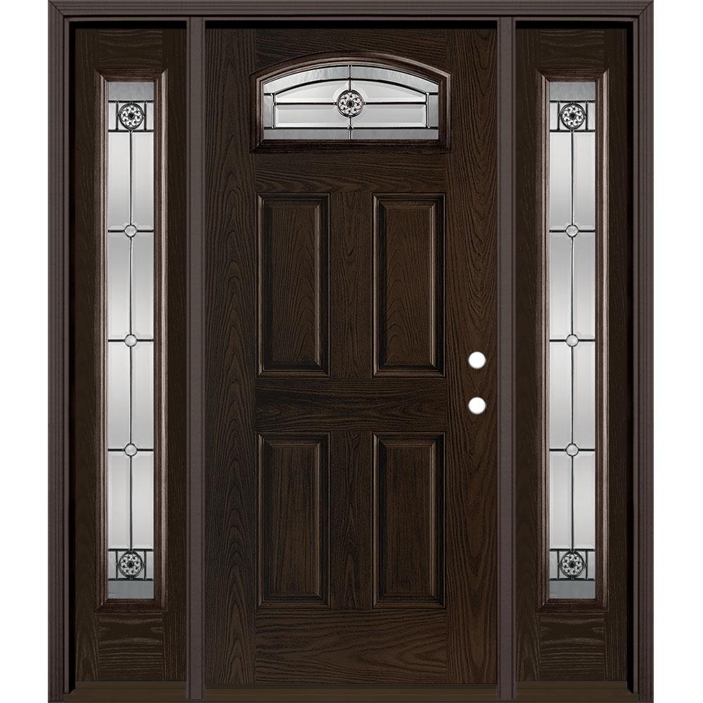 Masonite 1327195 Elan 64-in x 80-in Fiberglass 1/4 Lite Left-Hand Inswing Walnut Stained Prehung Single Front Door with Sidelights with Brickmould Insulating Core