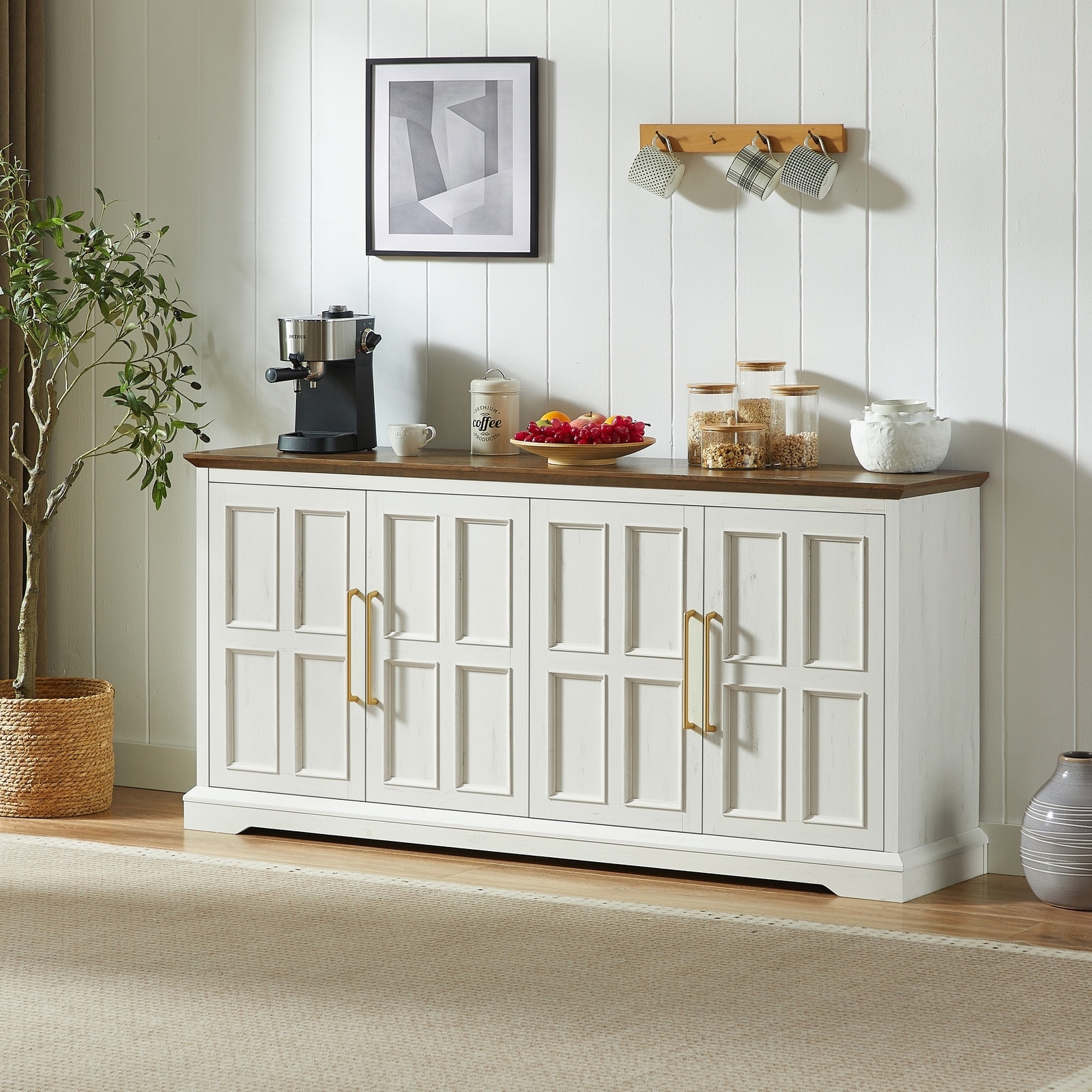 Horizons Prime 67 inch Rustic White and Walnut Wood Sideboard Buffet Cabinet with 4 Storage Doors and Sturdy Tabletop