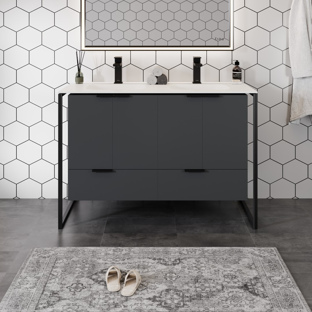 Eviva EVVN11-48GR Onyx 48-in Gray Double sink Floating Bathroom Vanity with White Solid surface Top