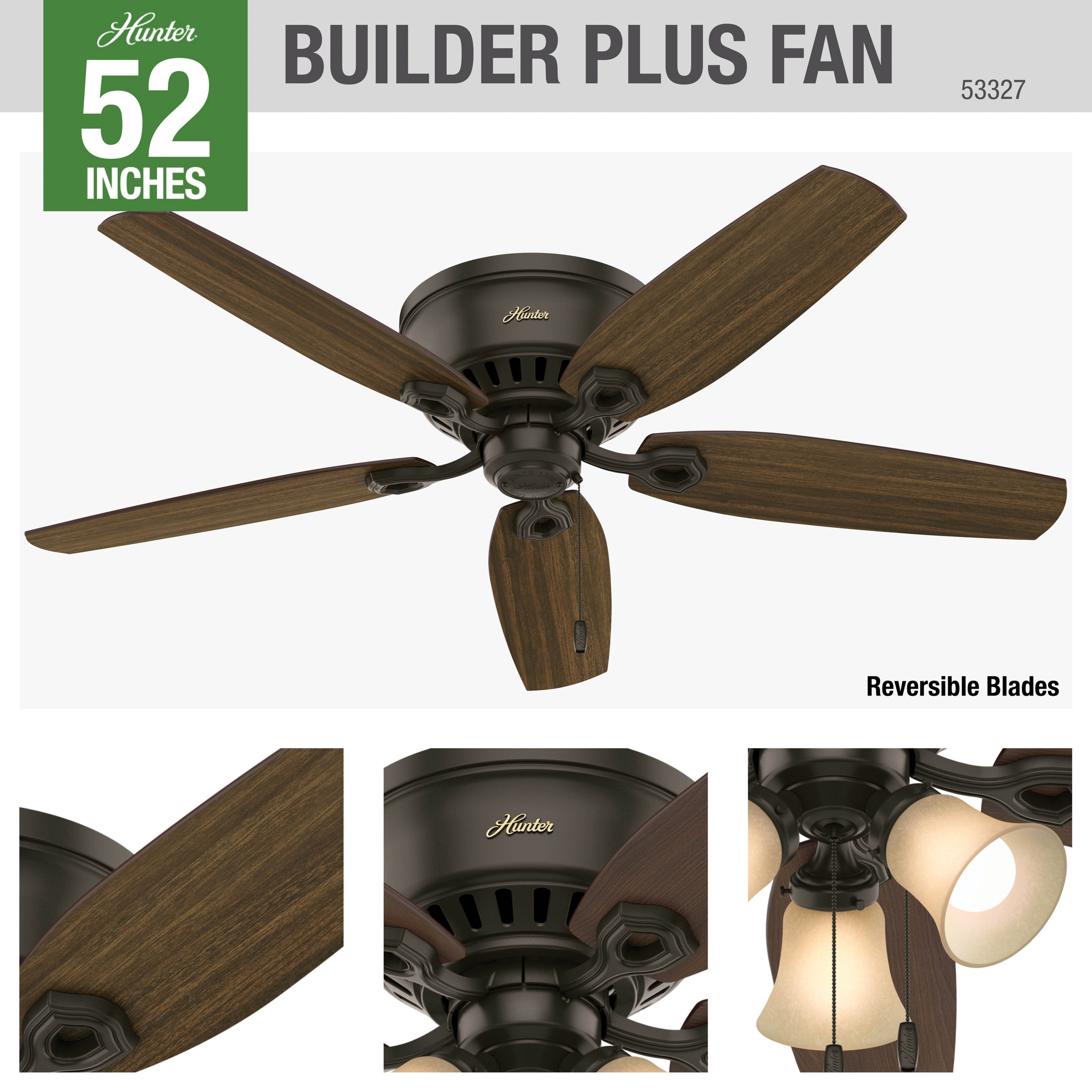 Builder Low Profile with 3 Lights 52 inch Ceiling Fan – Hunter Fan