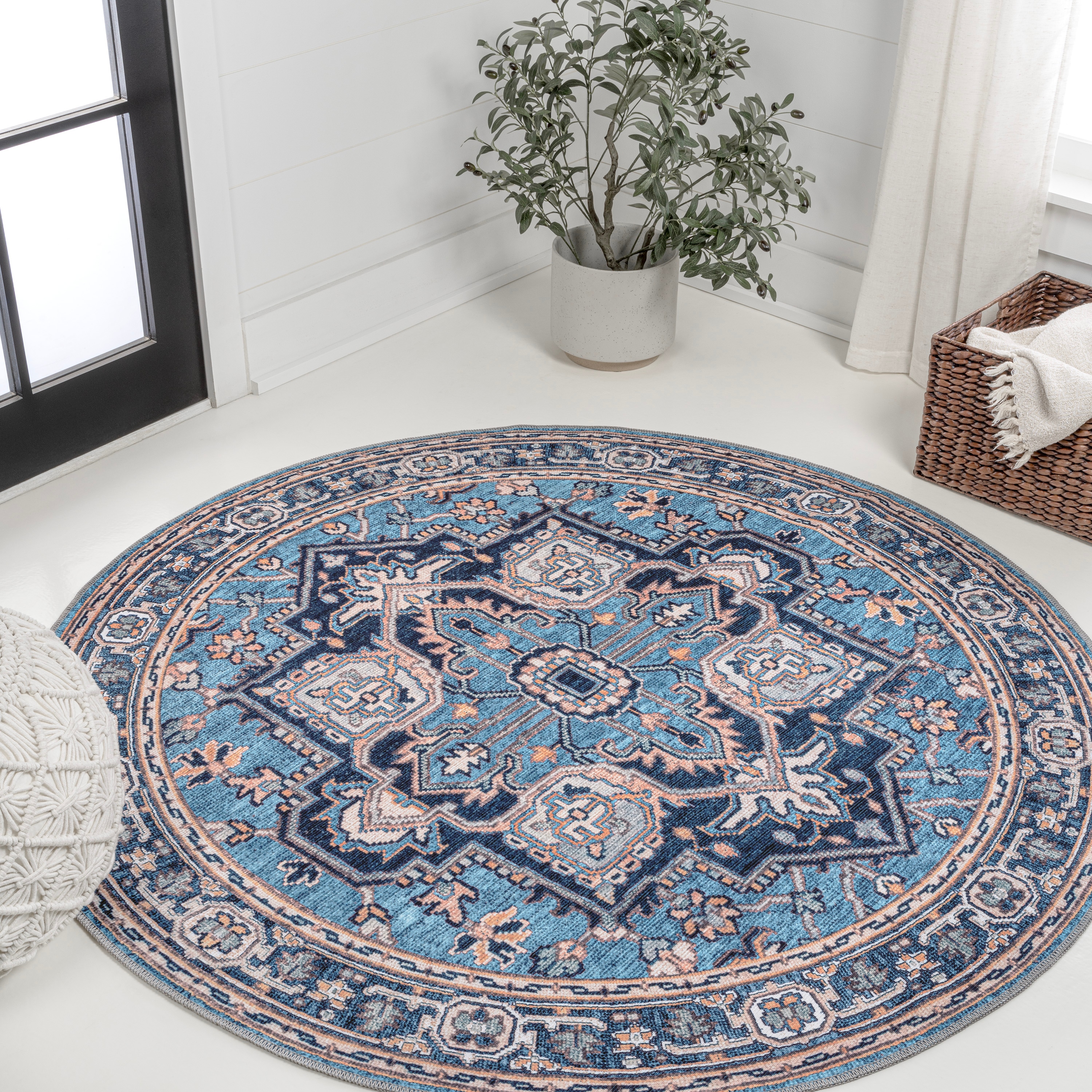 JONATHAN  Y WSH105B-6R WASHABLE Cirali Ornate 6 x 6 (ft) Loomed Polypropylene Blue/Beige Round Indoor Medallion Bohemian/Eclectic Machine washable Area rug