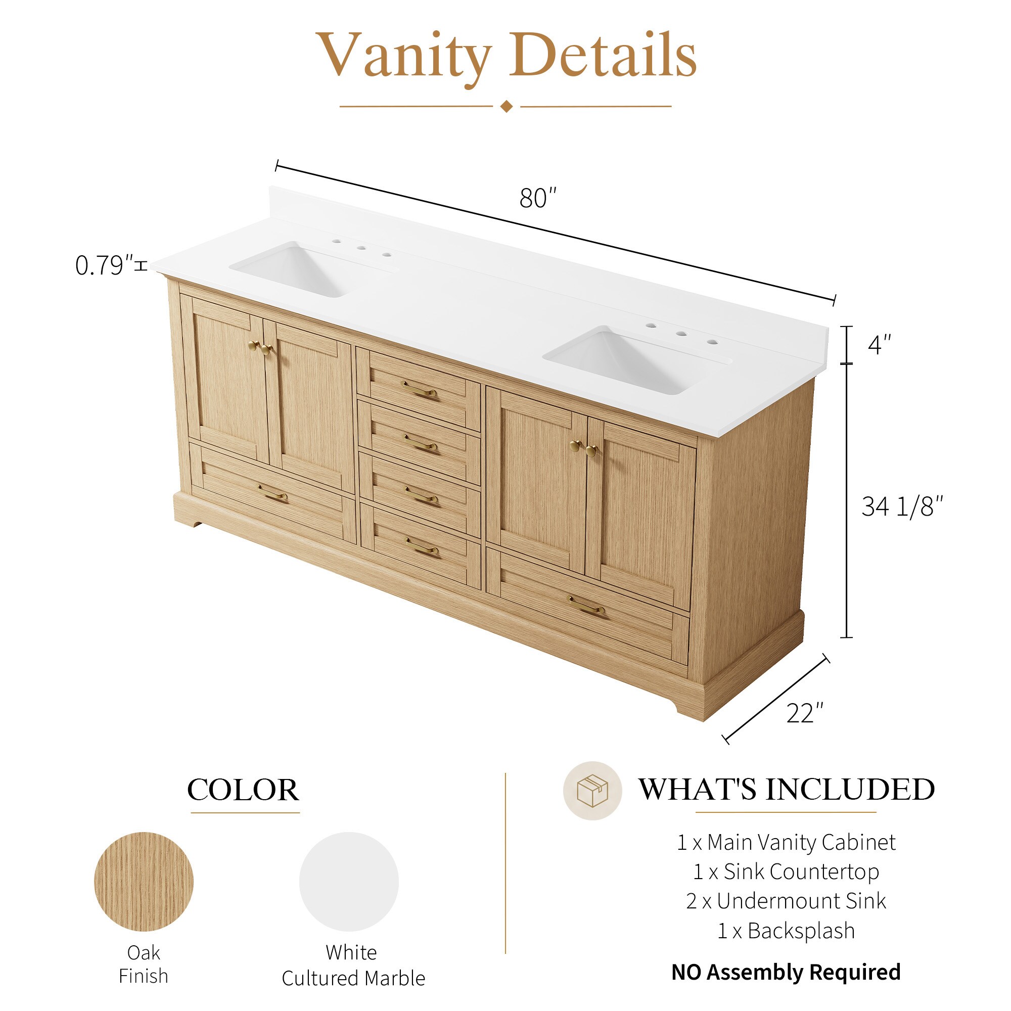 WELLFOR LVD80CM-OAK Bath-Vanity-Combo - View #7