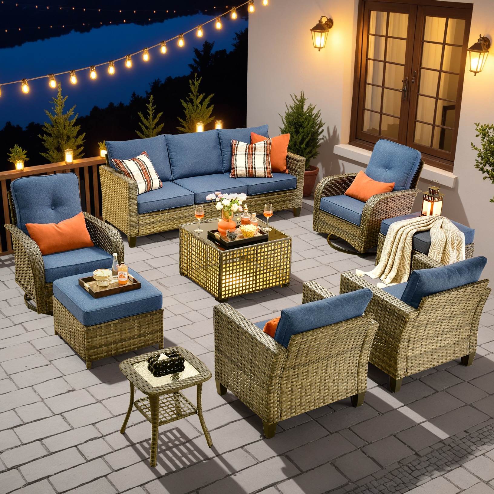 XIZZI XINGRS3093-GNCRC-OT Sapphire 9 -Piece Rattan Patio Sofa Conversation Set with Blue Cushions