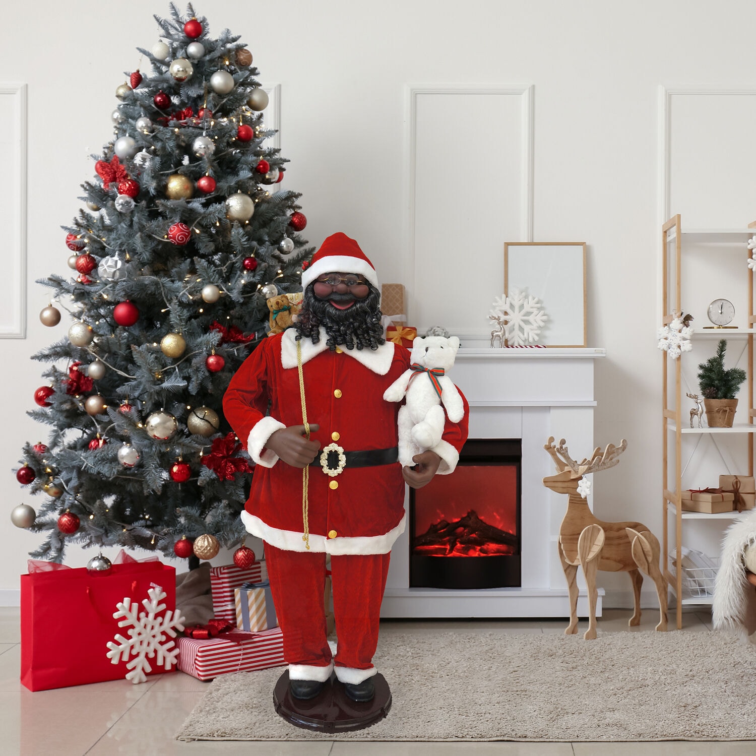Life-Size Red Velvet Dancing Santa with Teddy Bear
