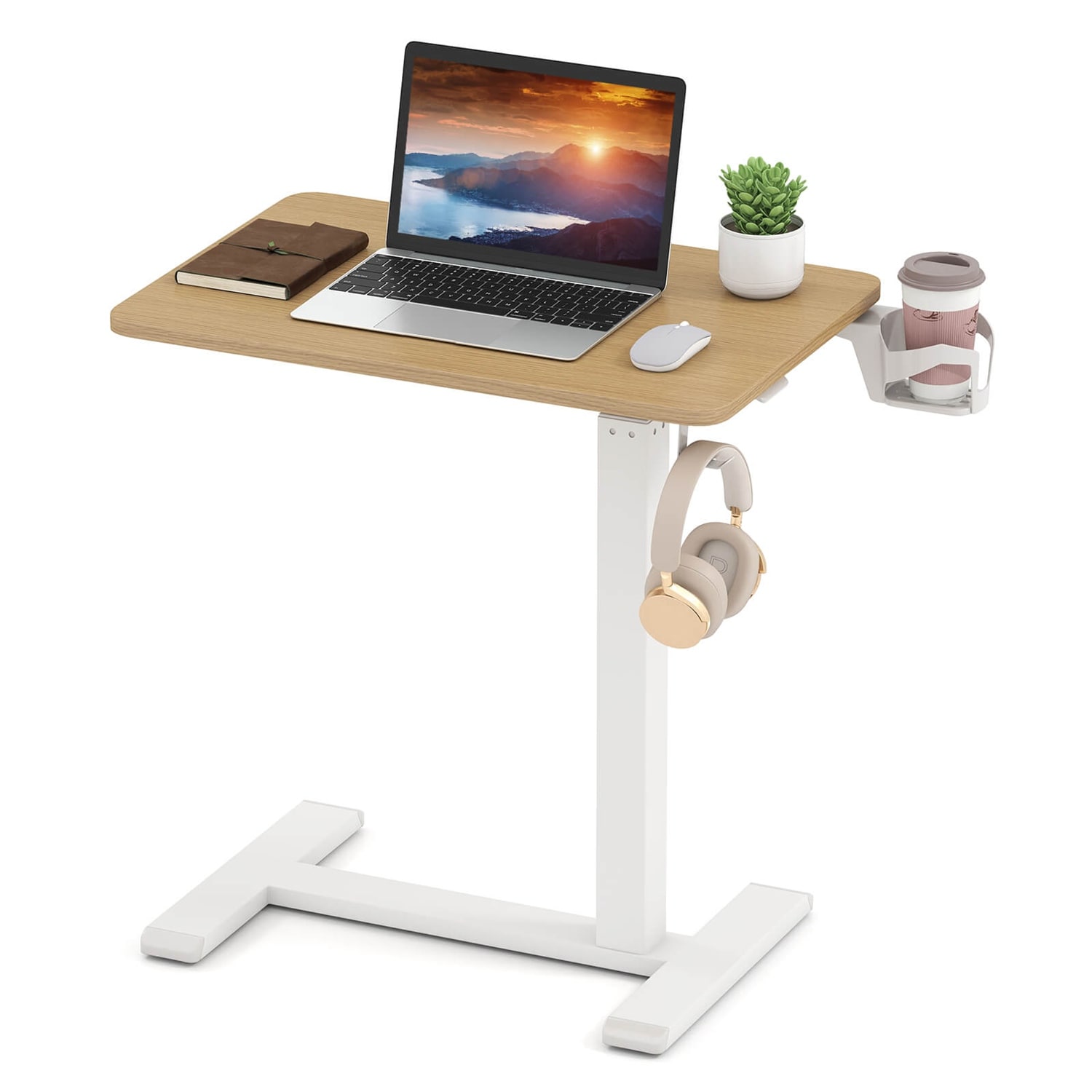 Costway -  C Shaped Side Table Height Adjustable Overbed Bedside Table with Hook and Cup Holder N...