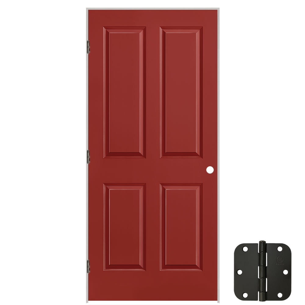 Masonite 627190 36-in x 80-in Barn Red Solid core 4 panel square Right hand Smooth Prefinished Molded composite Flat Jamb Single Prehung Interior Door