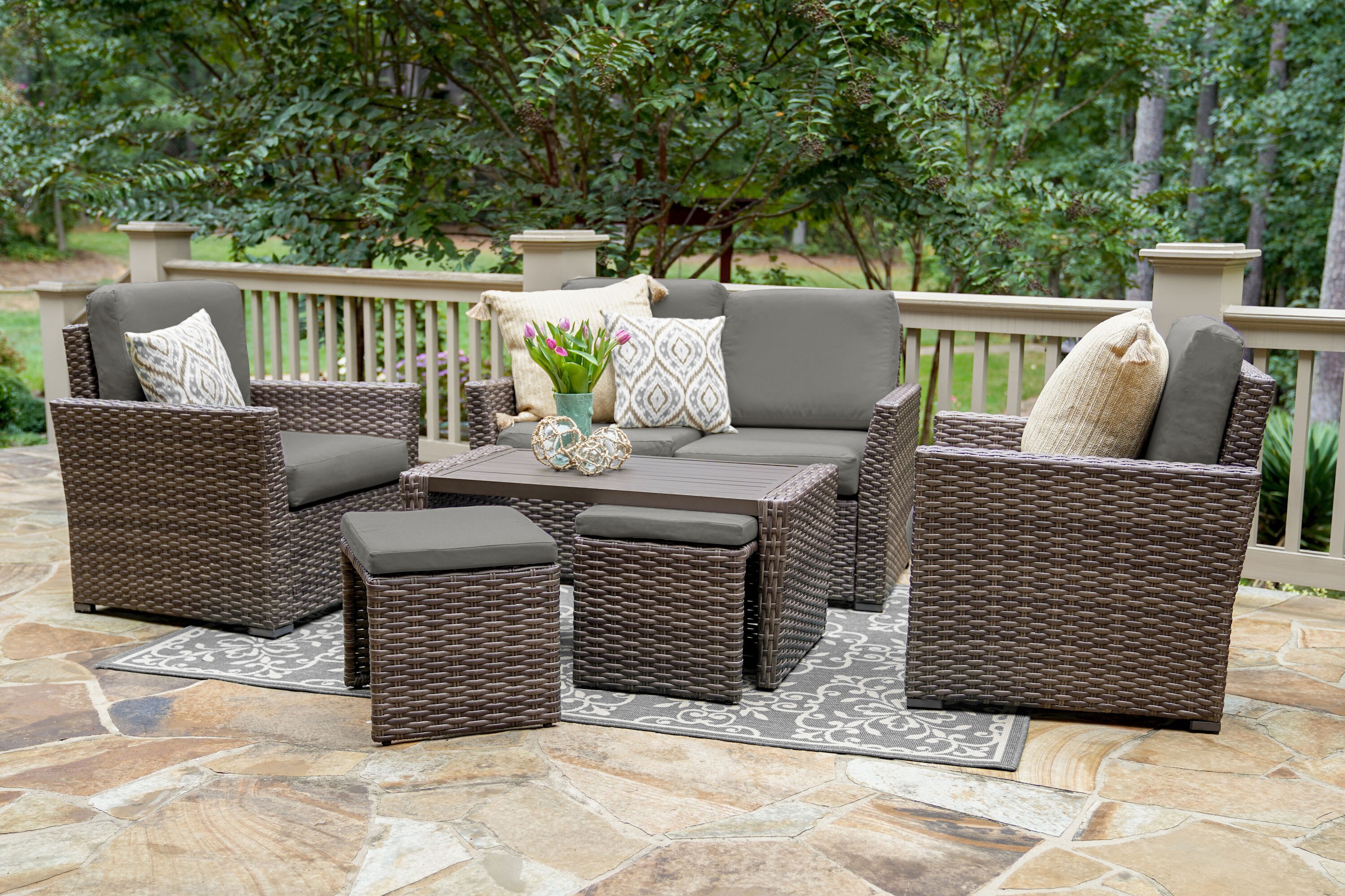 Leisure Made 844019-GRY Newton 6 -Piece Wicker Patio Conversation Set with Gray Solartex Cushions