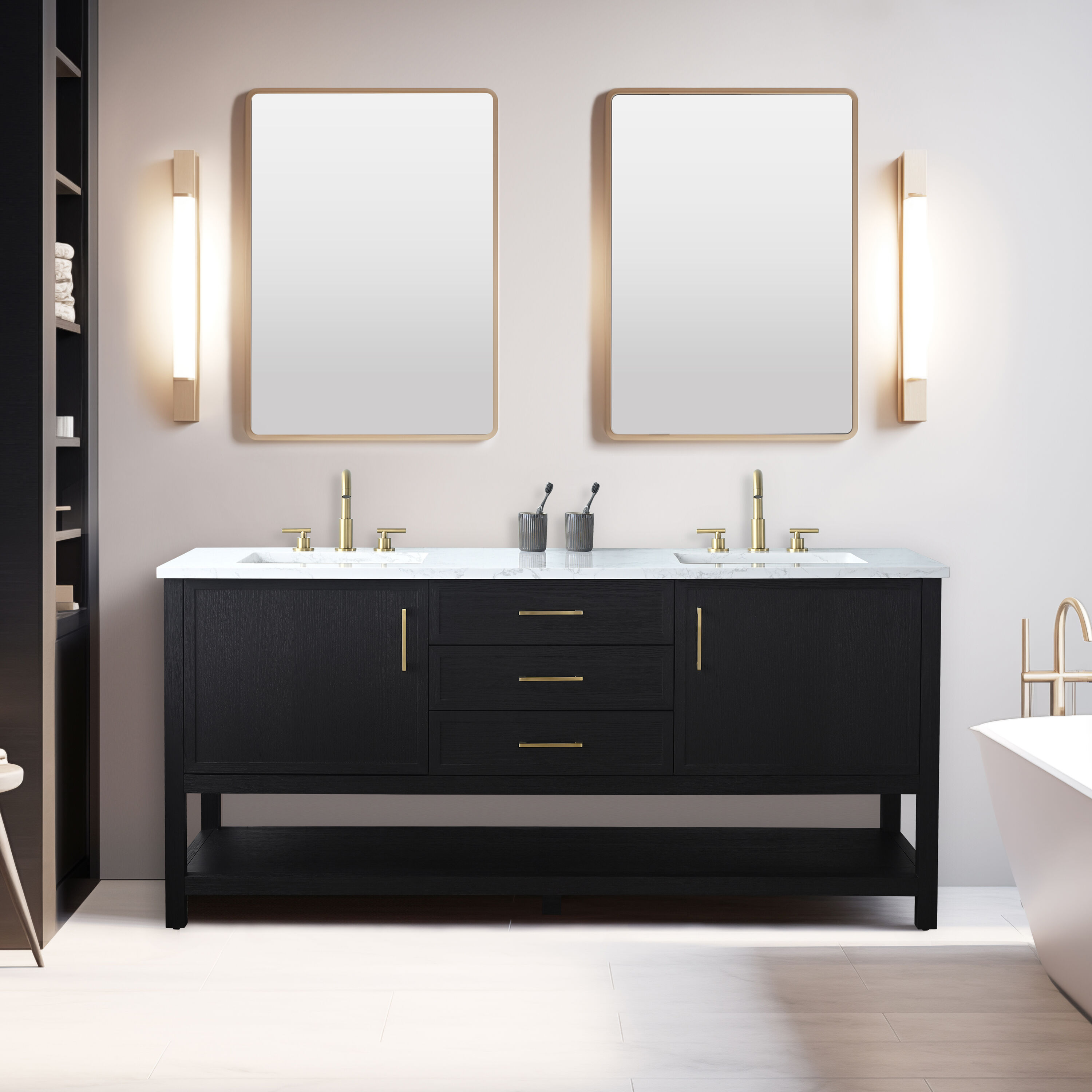 Sudio Design OLIVER-72BLO OLIVER 72-in Black Oak Undermount Double Sink Bathroom Vanity with Arabescato Engineered Stone Top