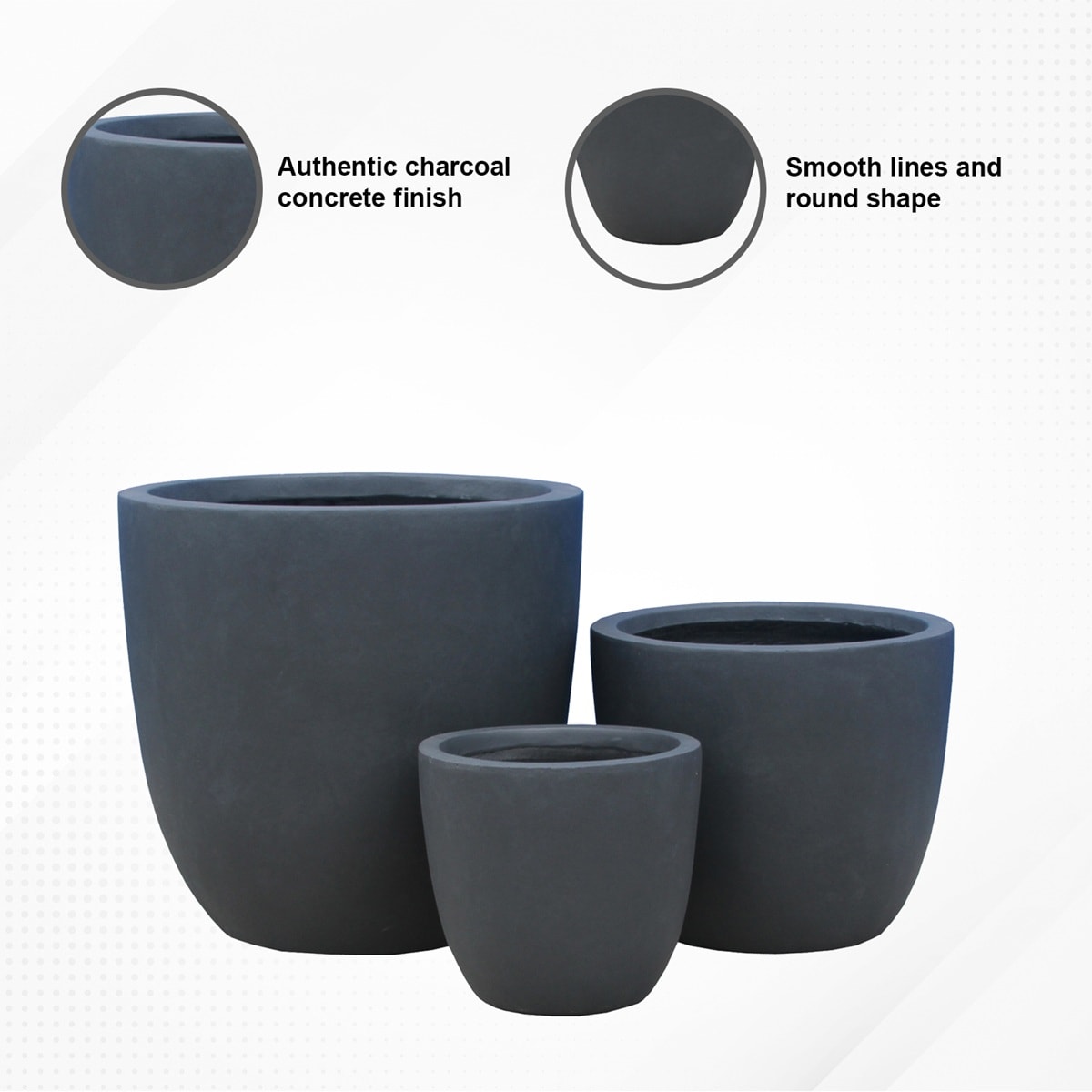 Modern Charcoal Concrete Round Planters, Set of 3