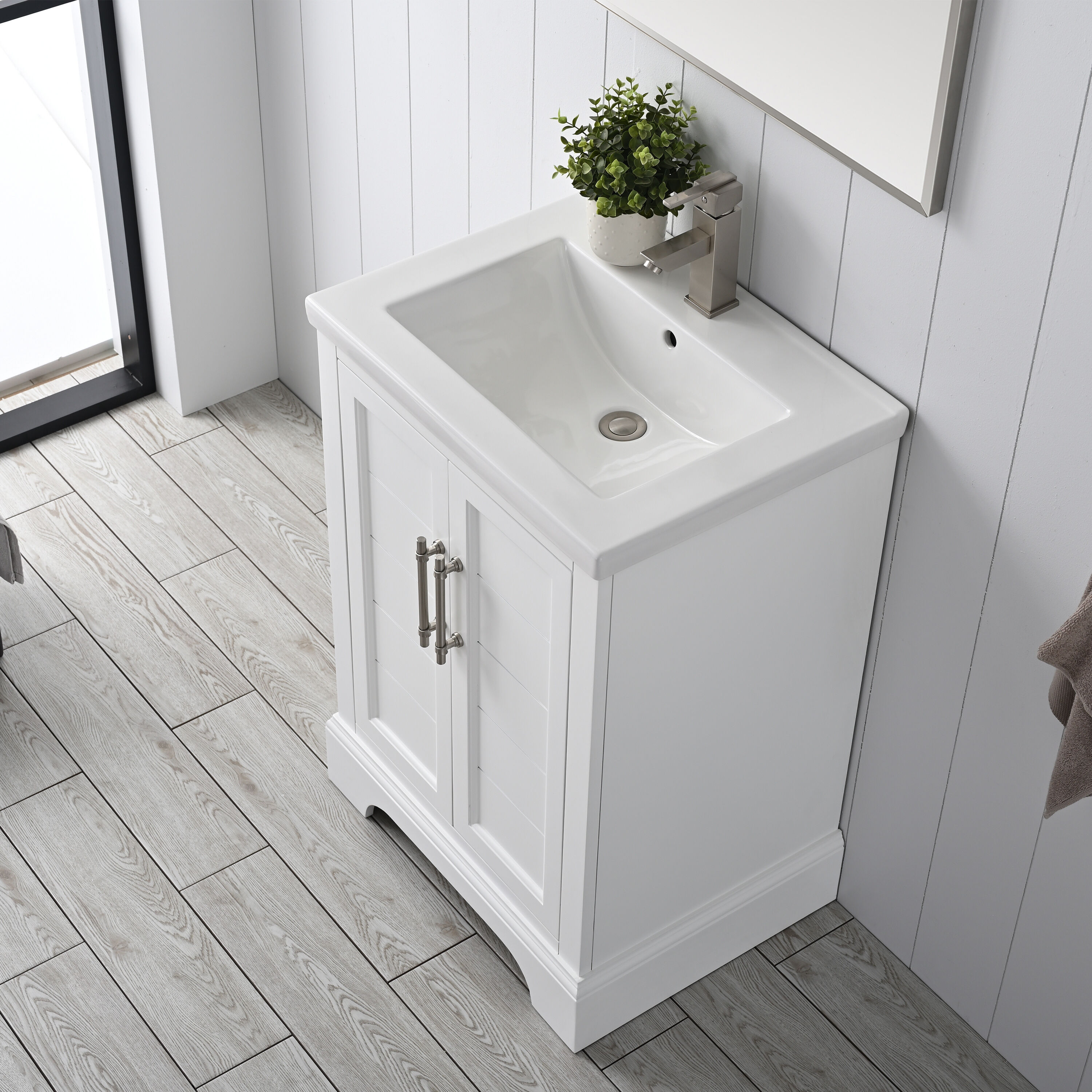 White Single Sink Bathroom Vanity with Ceramic Top, 24-inch