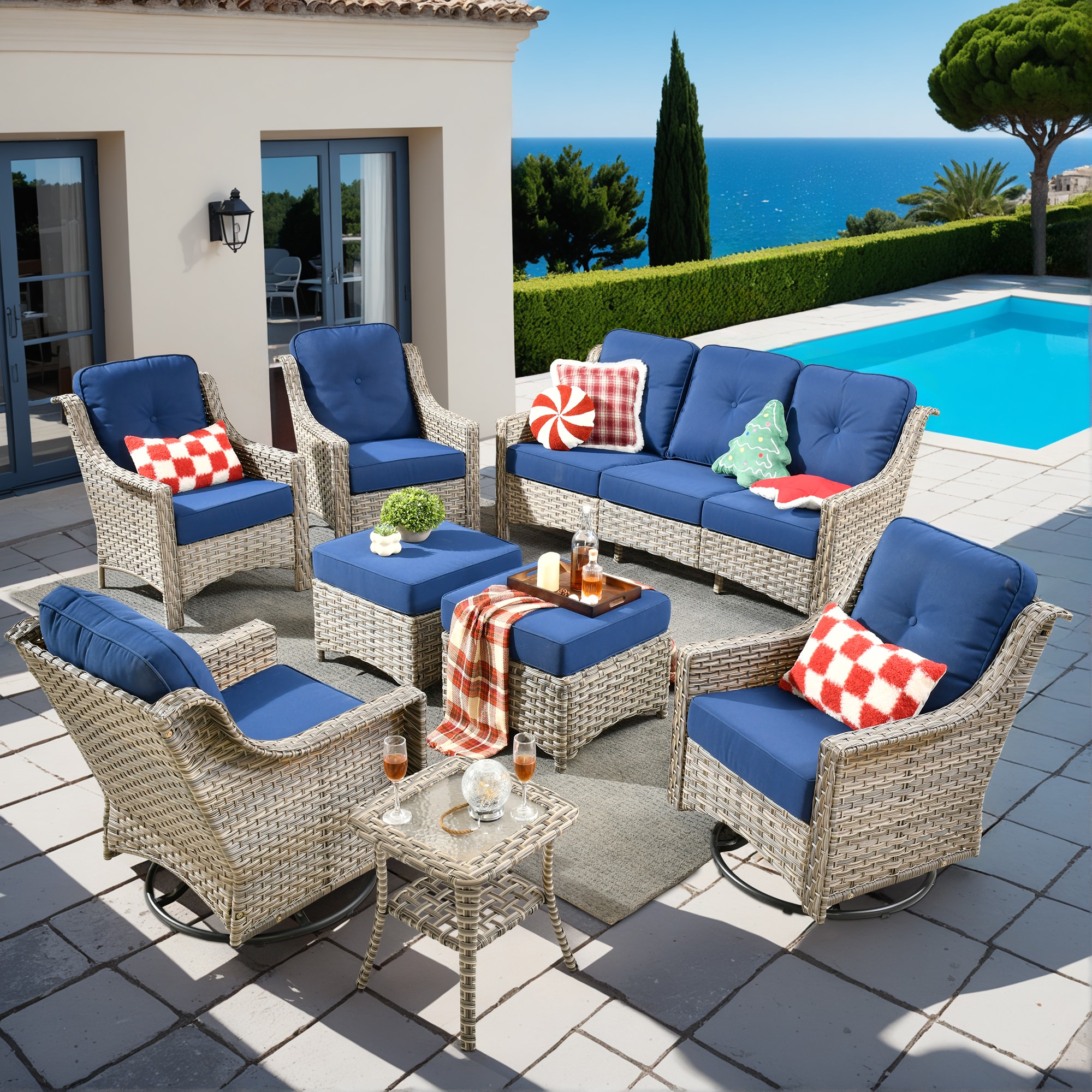 XIZZI XIPAD7085-RC3 Pyrophyllite 8 -Piece Rattan Patio Sofa Conversation Set with Navy Cushions