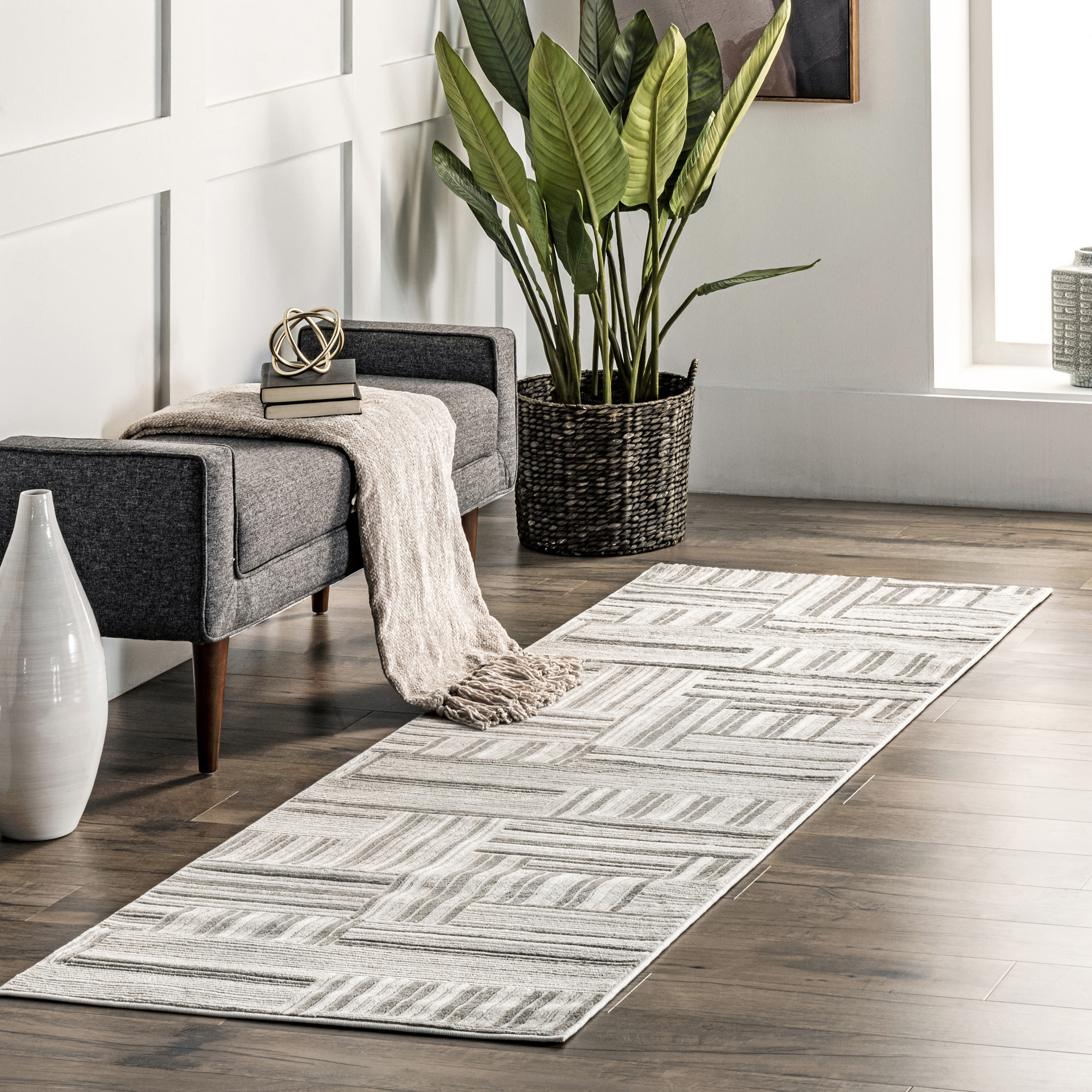 nuLOOM BDCH08A-2808 Linework 2 x 8 (ft) Loomed Polyester Gray Rectangular Indoor Abstract Vacuum regularly Runner rug
