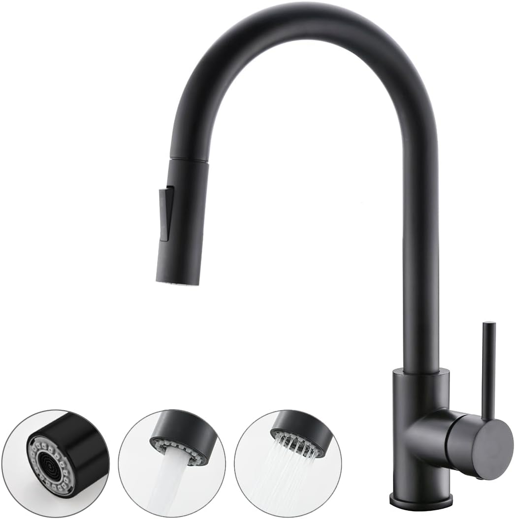 Afoxsos 1 Piece Matte Black Kitchen Faucet 15 5/8 in High Arc Pull Down Sprayer Stainless Steel cUPC Cartridge 1 Hole 3/8 US Hose