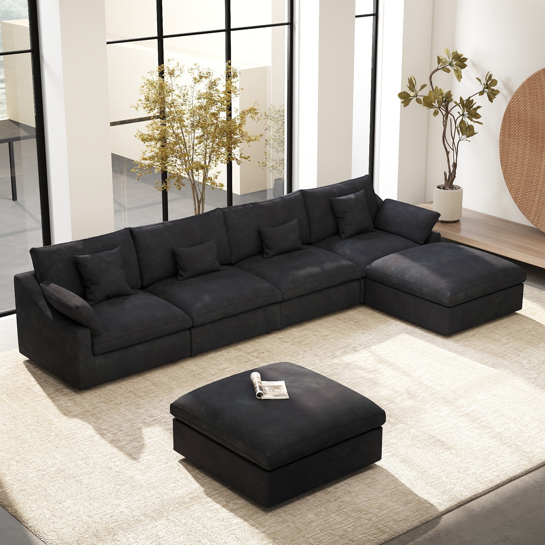 BuotiqHom DH-S4+2-140BK 156-in W Modern Black Linen 6+seats Sectional with Slipcover