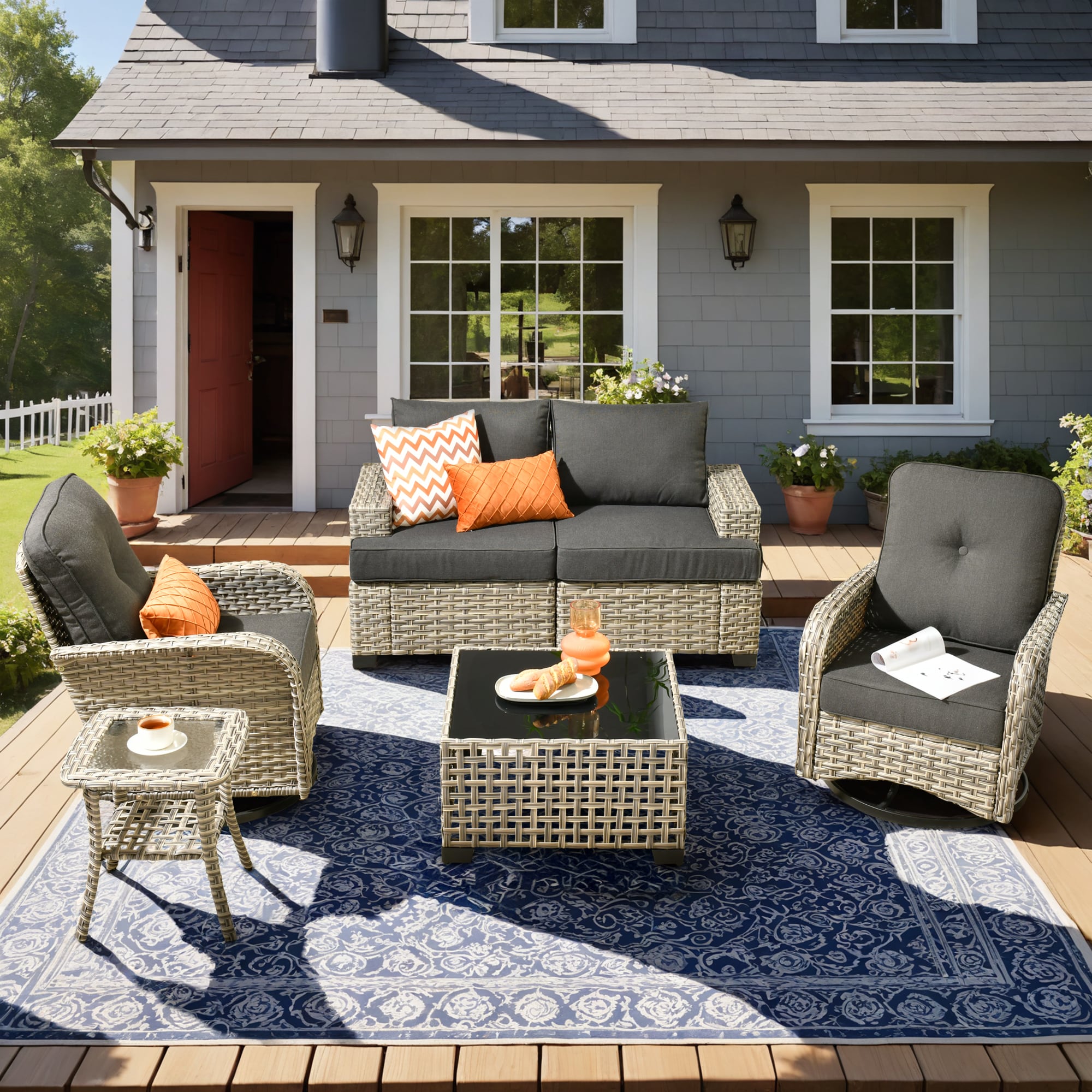 Pouuin SVYZBS105 5-Piece Wicker Patio Conversation Set with Black Cushions