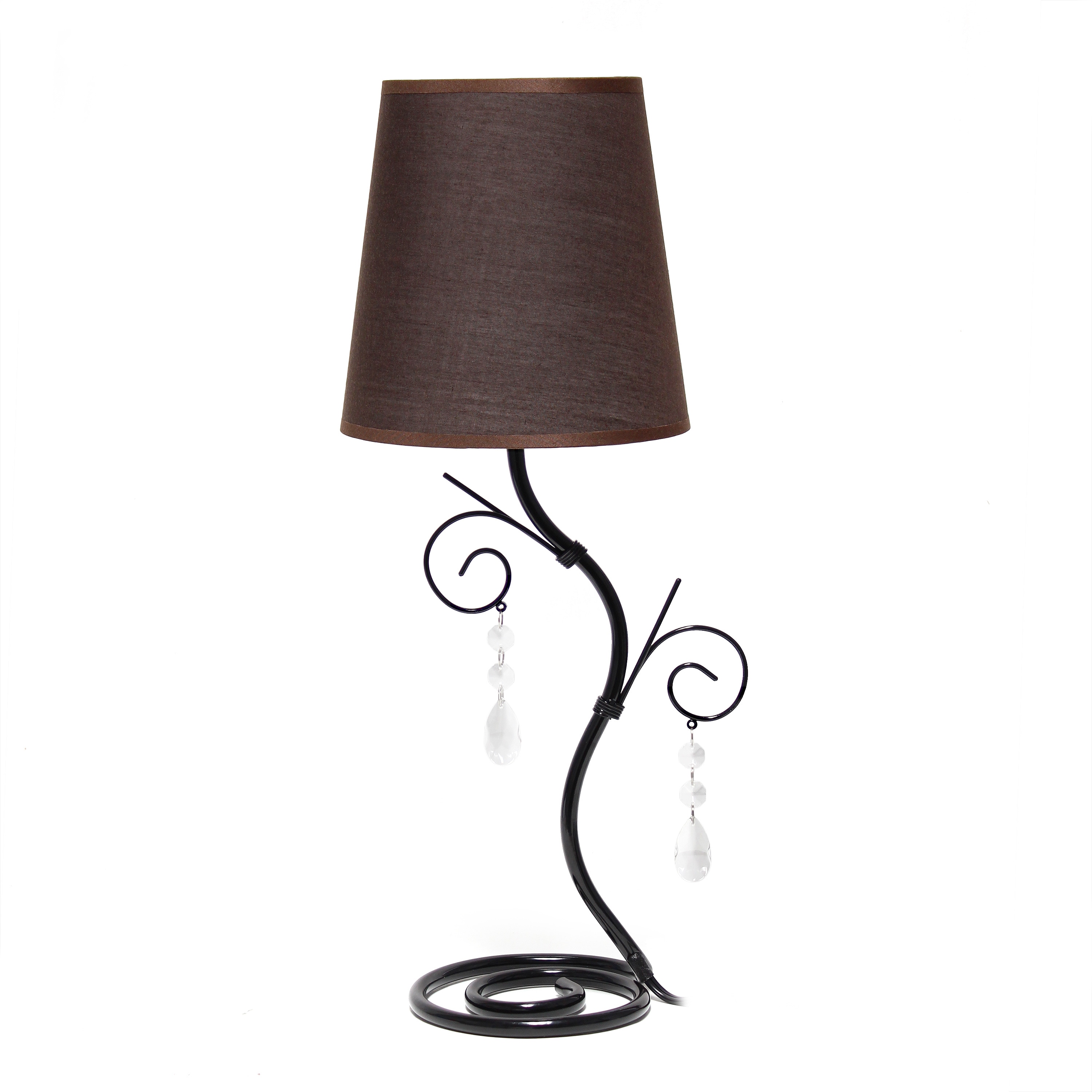 Simple Designs LT1142-BWN 19-inch Scroll Wire Metal Table Lamp with Dangling Crystals and Matching Fabric Shade for Entryway Living Room Hallway Bedroom Office Brown