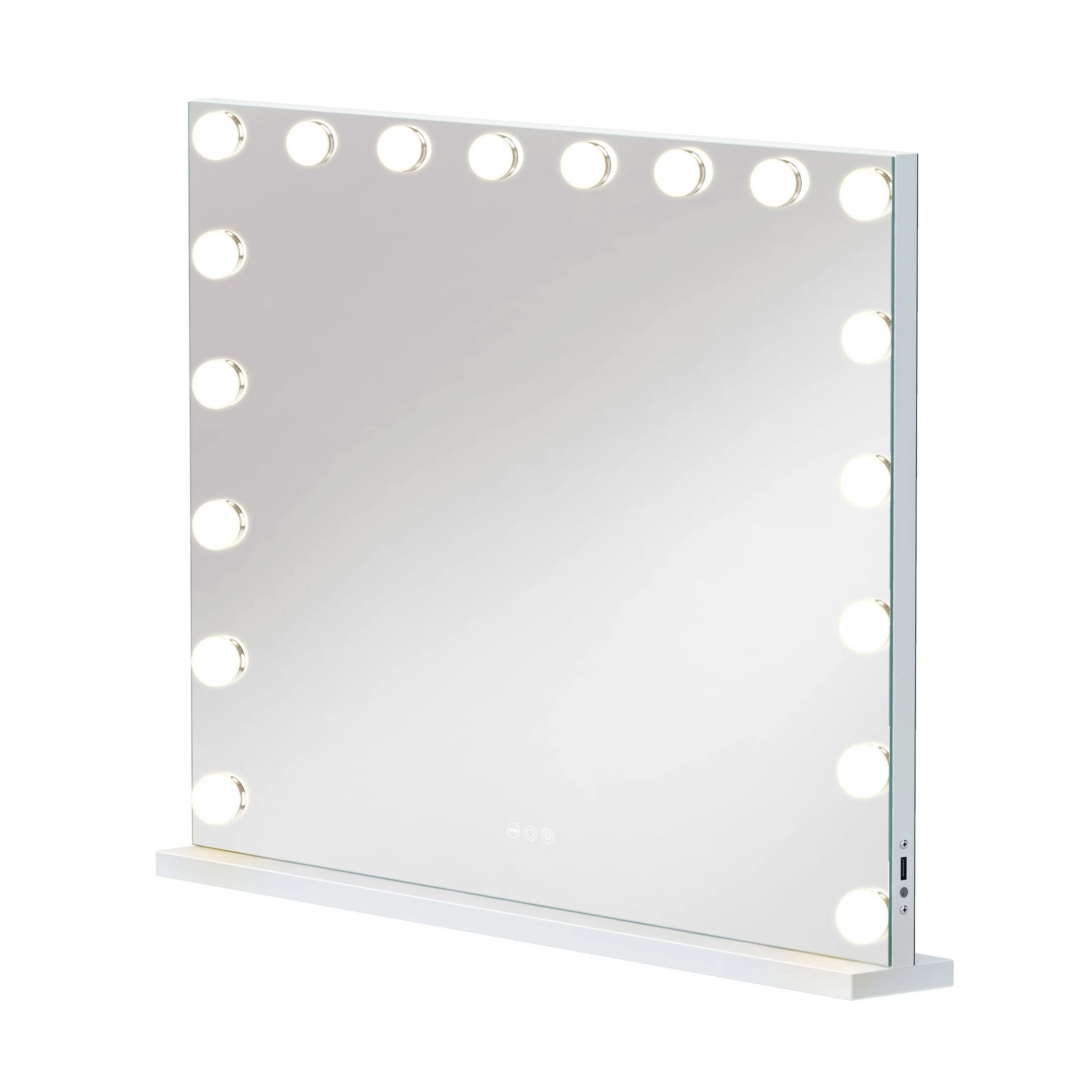 LIVACA 32 inch x 23 inch White+Silver Glass and Metal Vanity Mirror with Lights with 18 LED Dimmable Bulbs and USB Charging