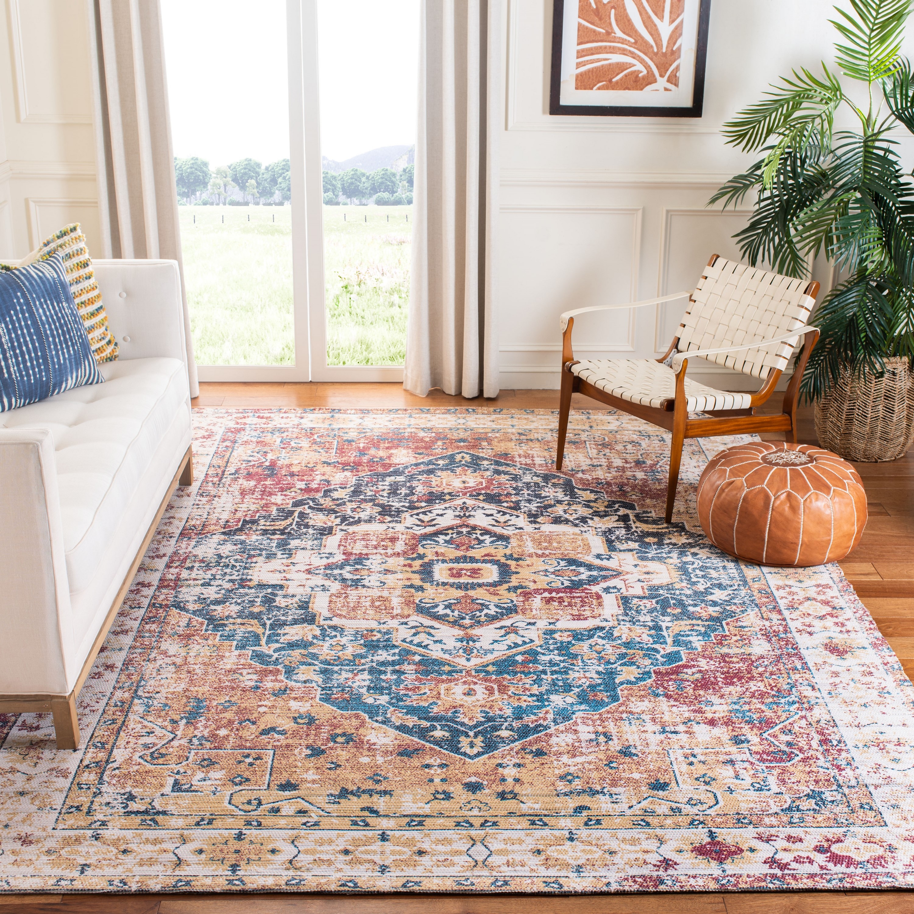 Safavieh SFN389B-8 Saffron Frida 8 x 10 (ft) Loomed Polyester Beige/Blue Rectangular Indoor Distressed/Overdyed Vintage Area rug