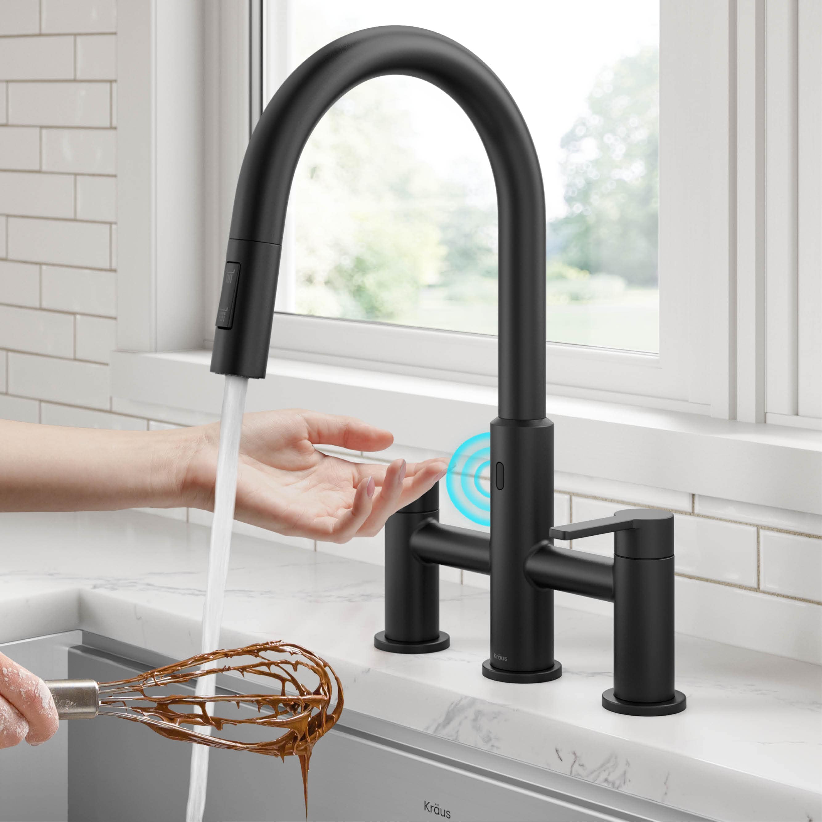 Kraus KSF-3122MB Oletto Matte Black Double Handle Deck-mount Touchless Bridge Kitchen Faucet with Sprayer