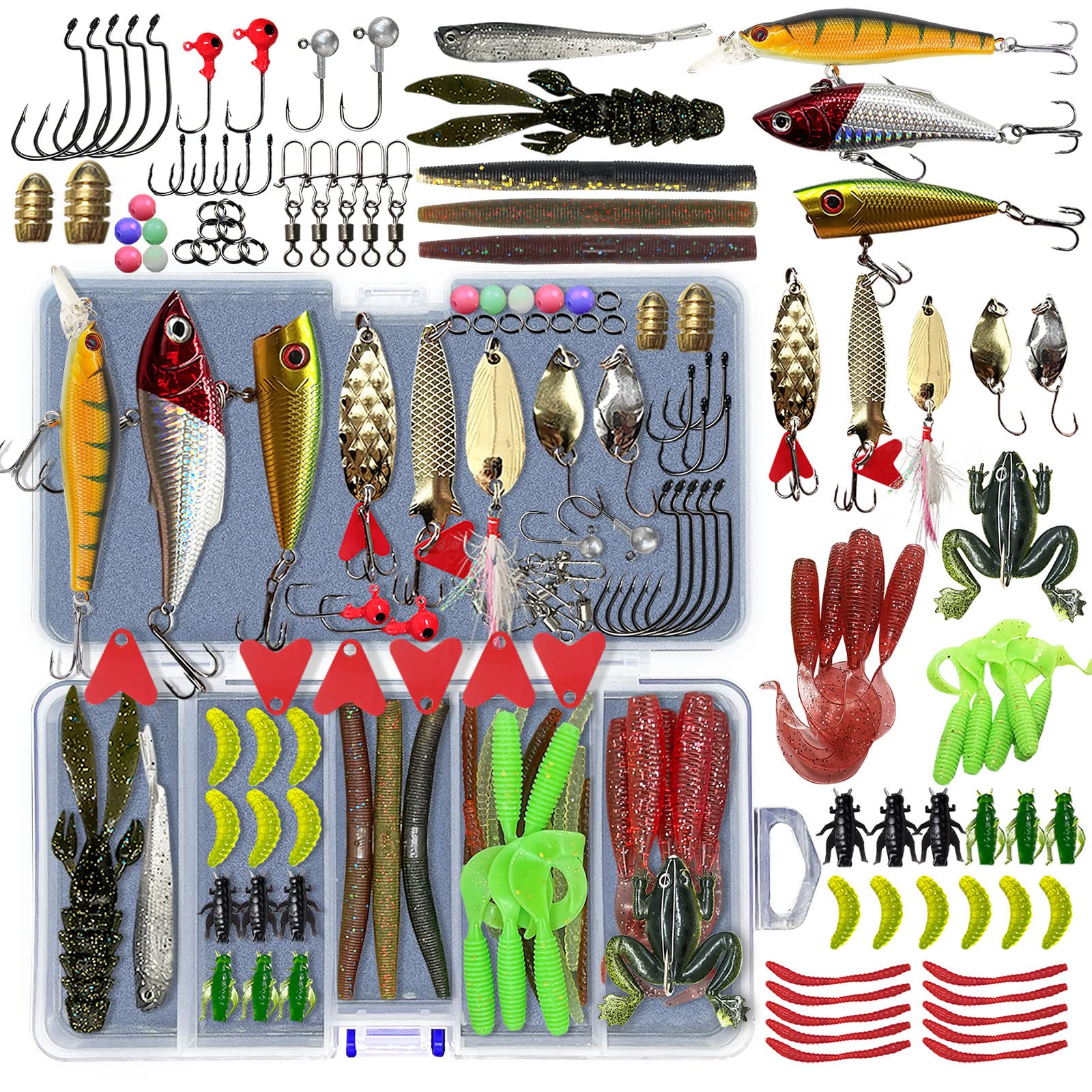 Aoibox  26 Style Fishing Lure Tackle Box Kit with VIB Spinner Soft Fish Worms Jig Heads and Hooks for Bass Lures