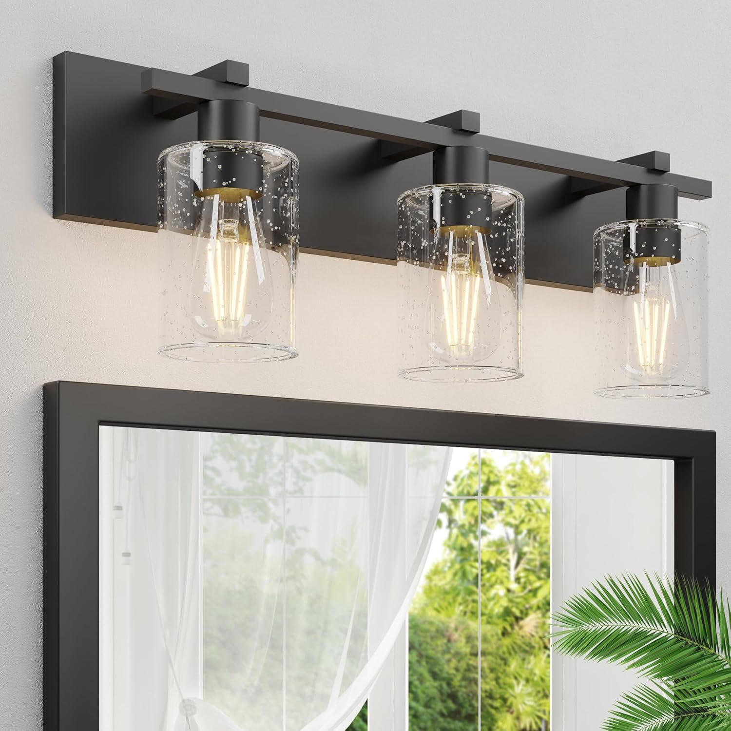 Espird 3-Light Matte Black Vanity Light Fixture with Seeded Glass Shades 21 Inch Modern Wall Sconce for Bathroom Mirror