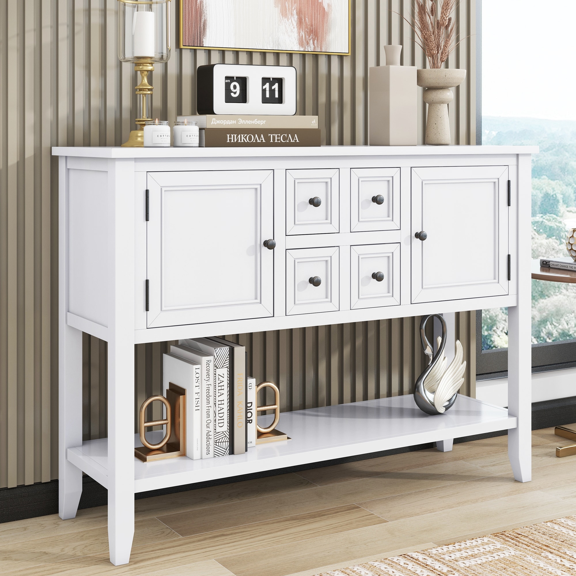 ModernLuxe WF314995AAA Cambridge Series  Ample Storage Vintage Console Table with Four Small Drawers and Bottom Shelf for Living Rooms Entrances and Kitchens White