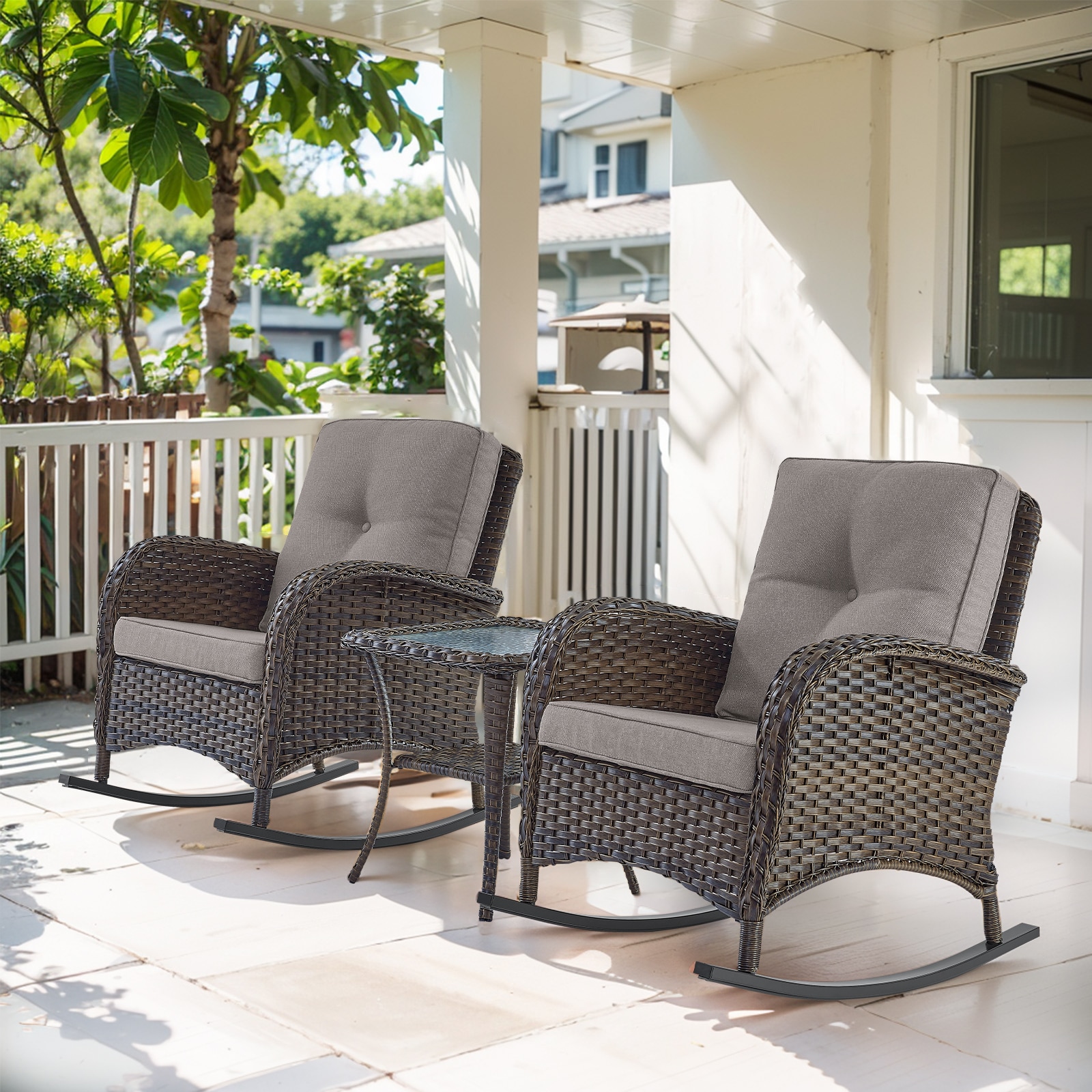  PA086-3 PACHAIRS-T Set of 2 Wicker Brown Steel Frame Conversation Chair with Gray Cushioned Seat