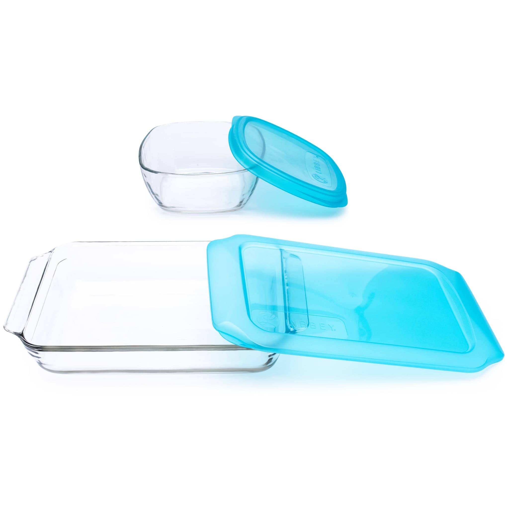 Libbey  Baker’s Premium Bake & Store 4 Piece Glass Set with 9x13 Baking Dish and 6 Cup Storage Container with Blue Plastic Lids
