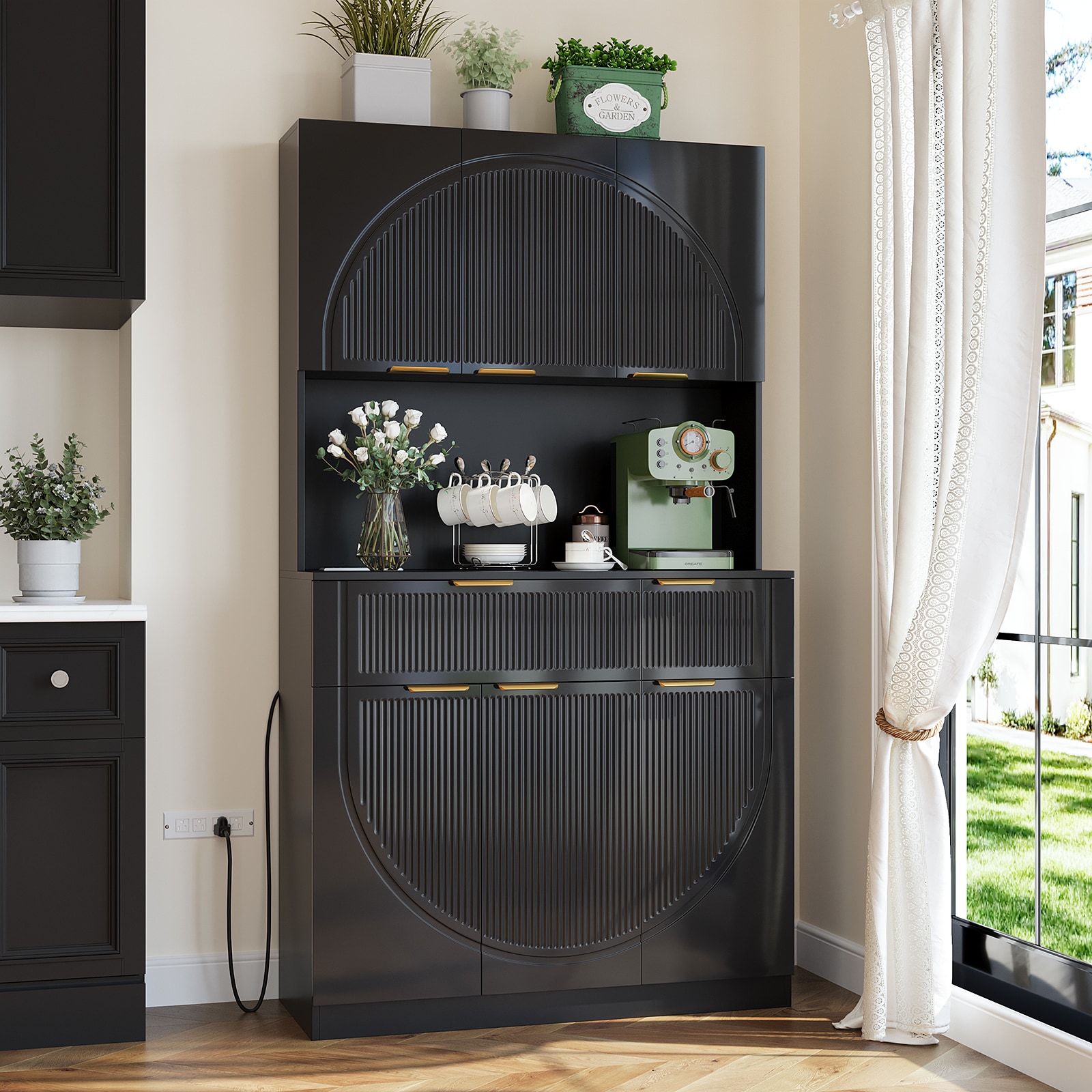 Vynxaria 39.4-in W x 70.8-in H x 15.3-in D Black Kitchen Pantry Hutch with Microwave Shelf and Power Outlet and Drawers