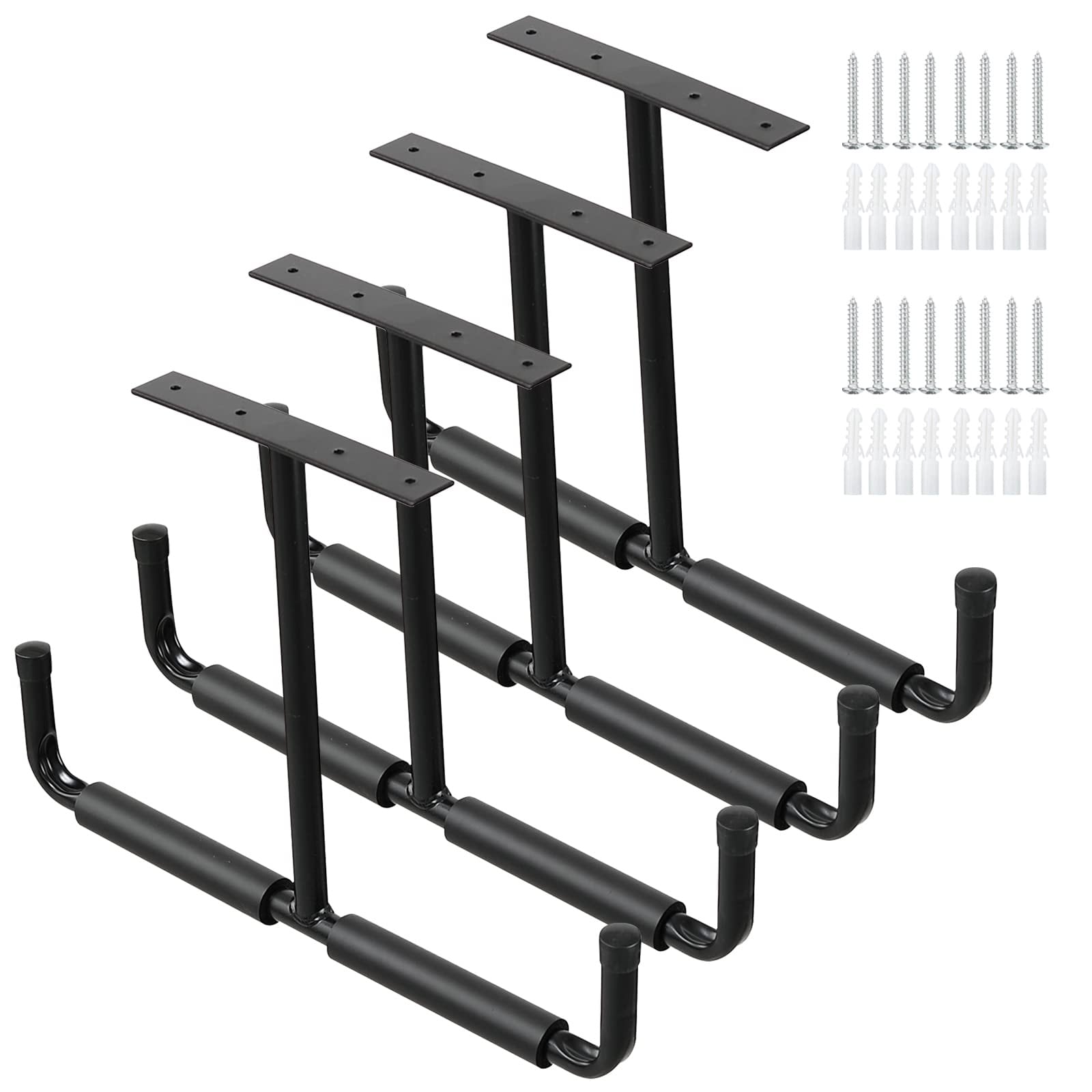 Phyfalip  4 Pack Heavy Duty Ceiling Mounted Garage Storage Hooks Overhead Utility Hanger for Ladders Bikes Tools Wood Holds up to 80 LB Black