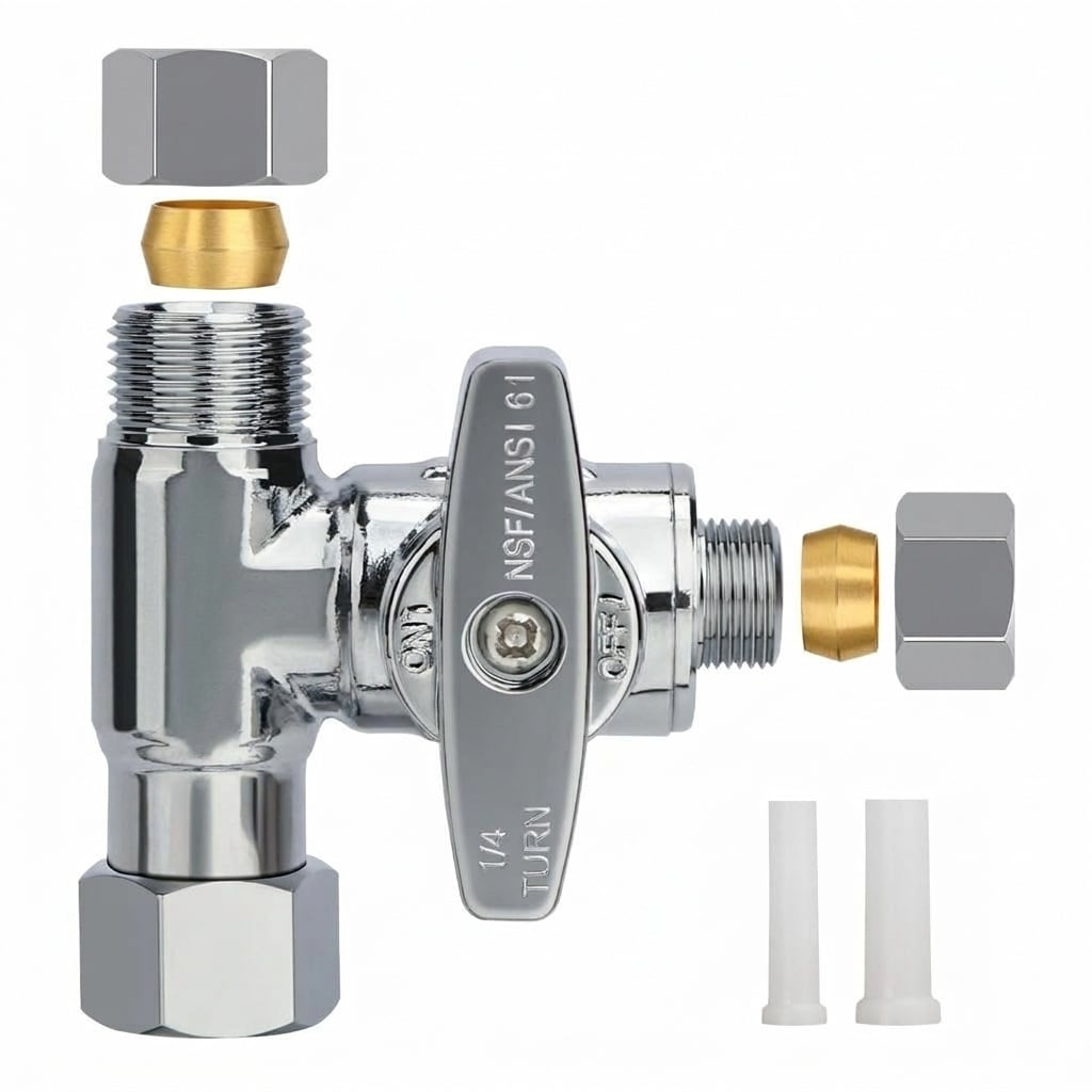Misopily Brass Angle Stop Add A Tee Valve 3 Way Water Line Splitter 3 Eighth Inch Compression Inlet Outlet Quarter Inch Outlet for Refrigerator #L05MS10055