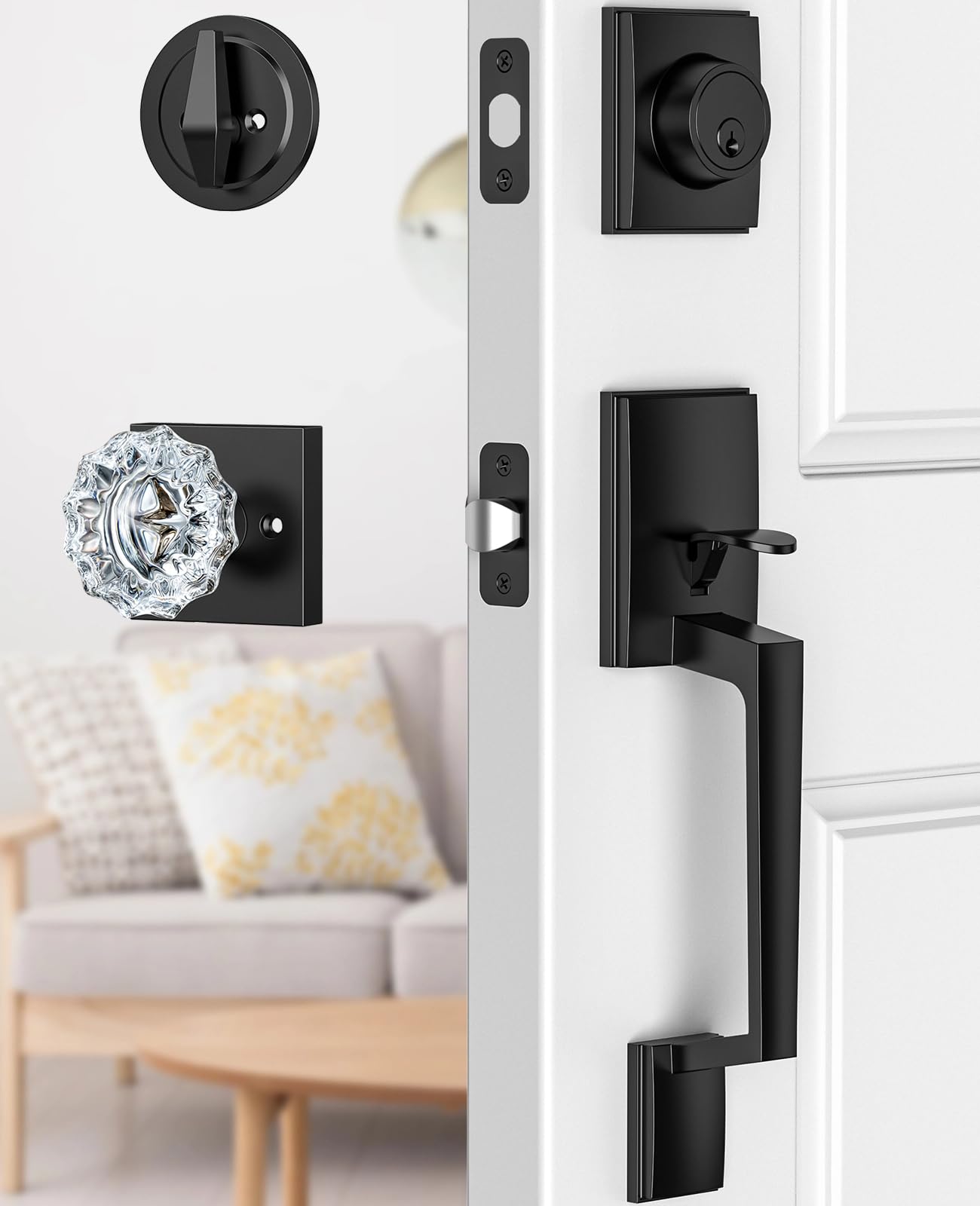 SenQWFa  Black Front Door Handle and Deadbolt Set with Crystal Glass Door Knob Single Cylinder Reversible for Right and Left Matte Black Finish