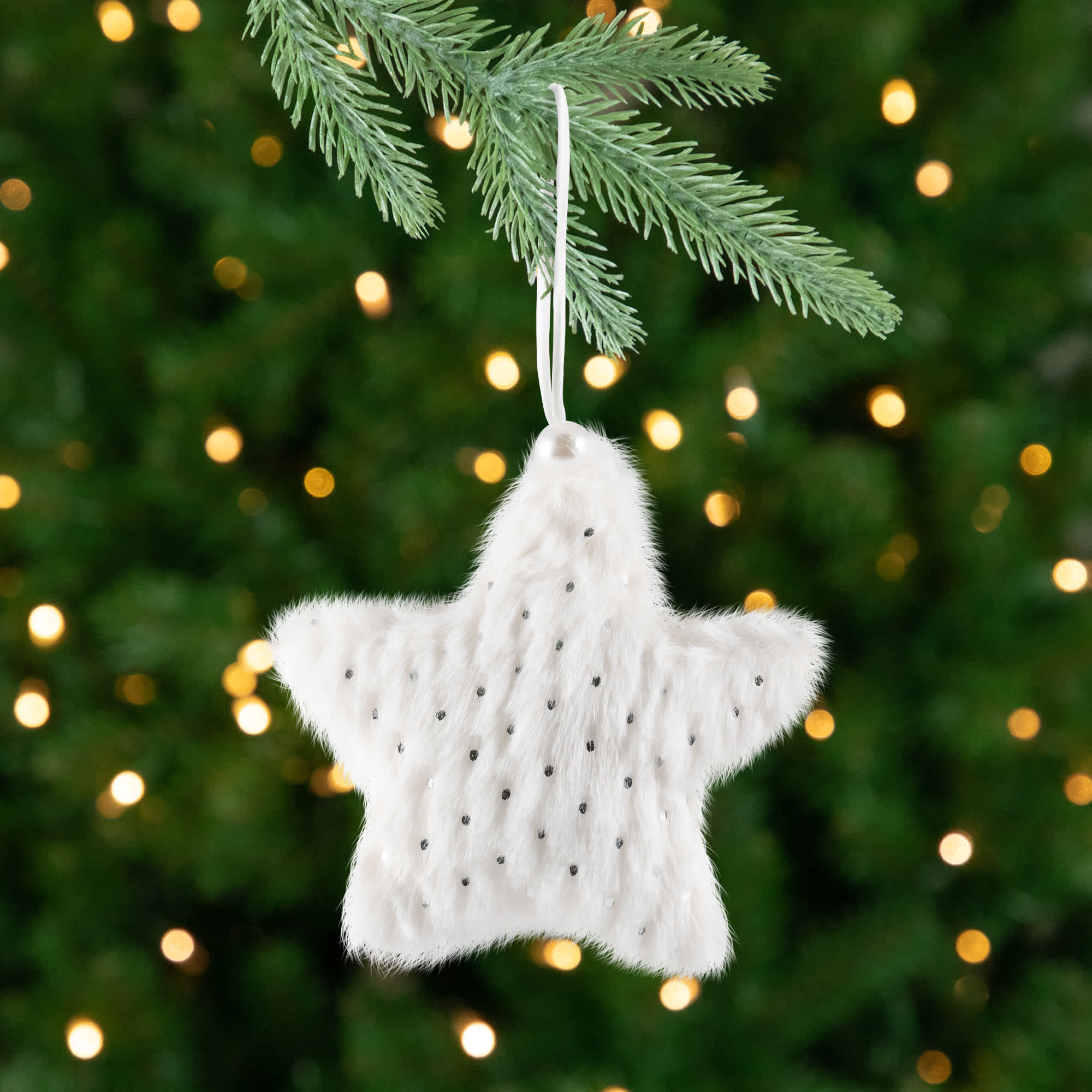 Northlight Faux Fur Plush Star Christmas Ornaments - 4.75 inch - White - Set of 4