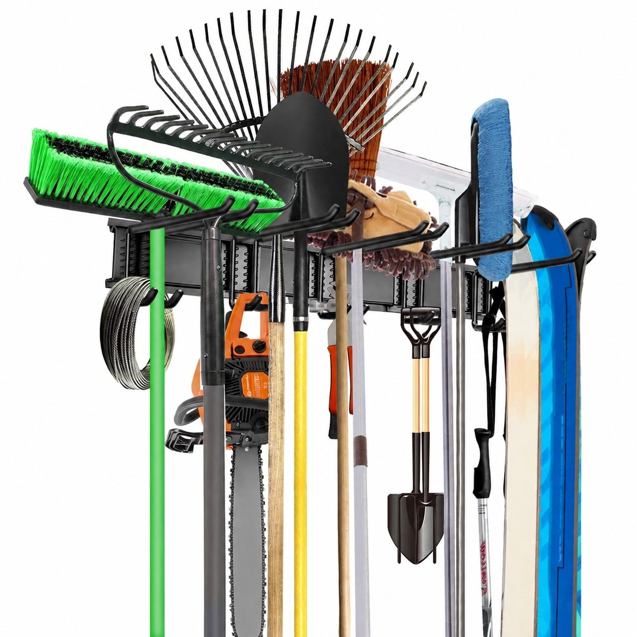 Ahfiwaso Wall Mount Tool Organizer Heavy Duty Garage Storage Rack Holds Up to 300 lbs Adjustable Hooks for Mops Brooms Garden Tools 2 Piece