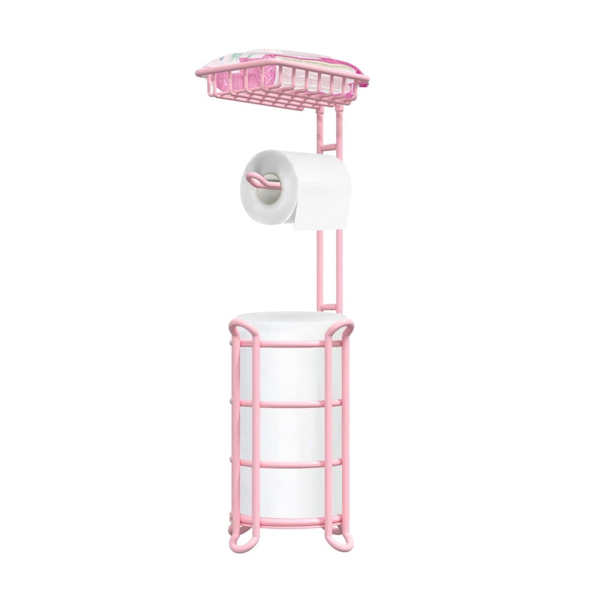 Wudkey - Freestanding Pink Toilet Paper Holder Stand with Top Shelf 4-Roll Storage and Extra Spac...