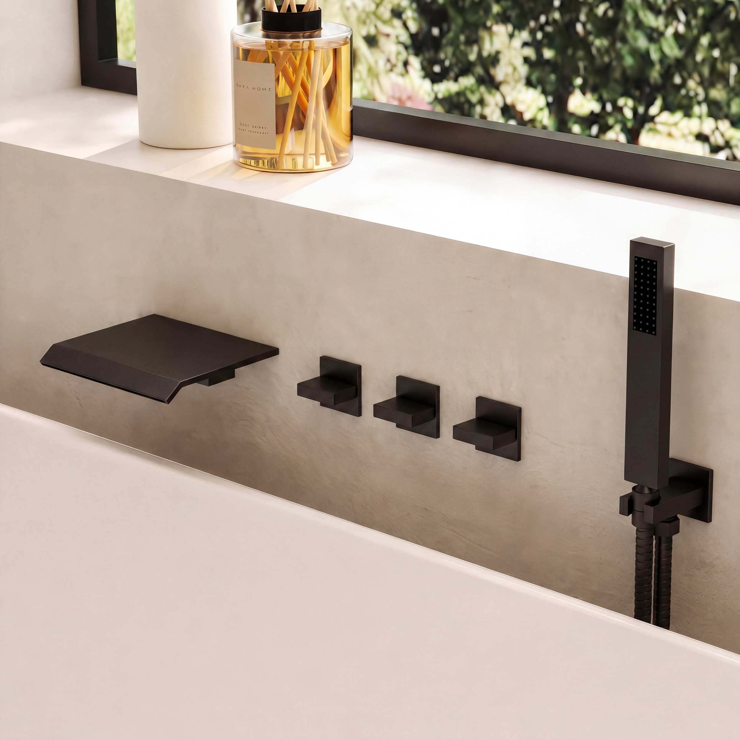 YAWWALK High Flow 3 Handle Wall Mount Bathtub Faucet with Waterfall Spout and Hand Shower for Easy Rinsing in Matte Black