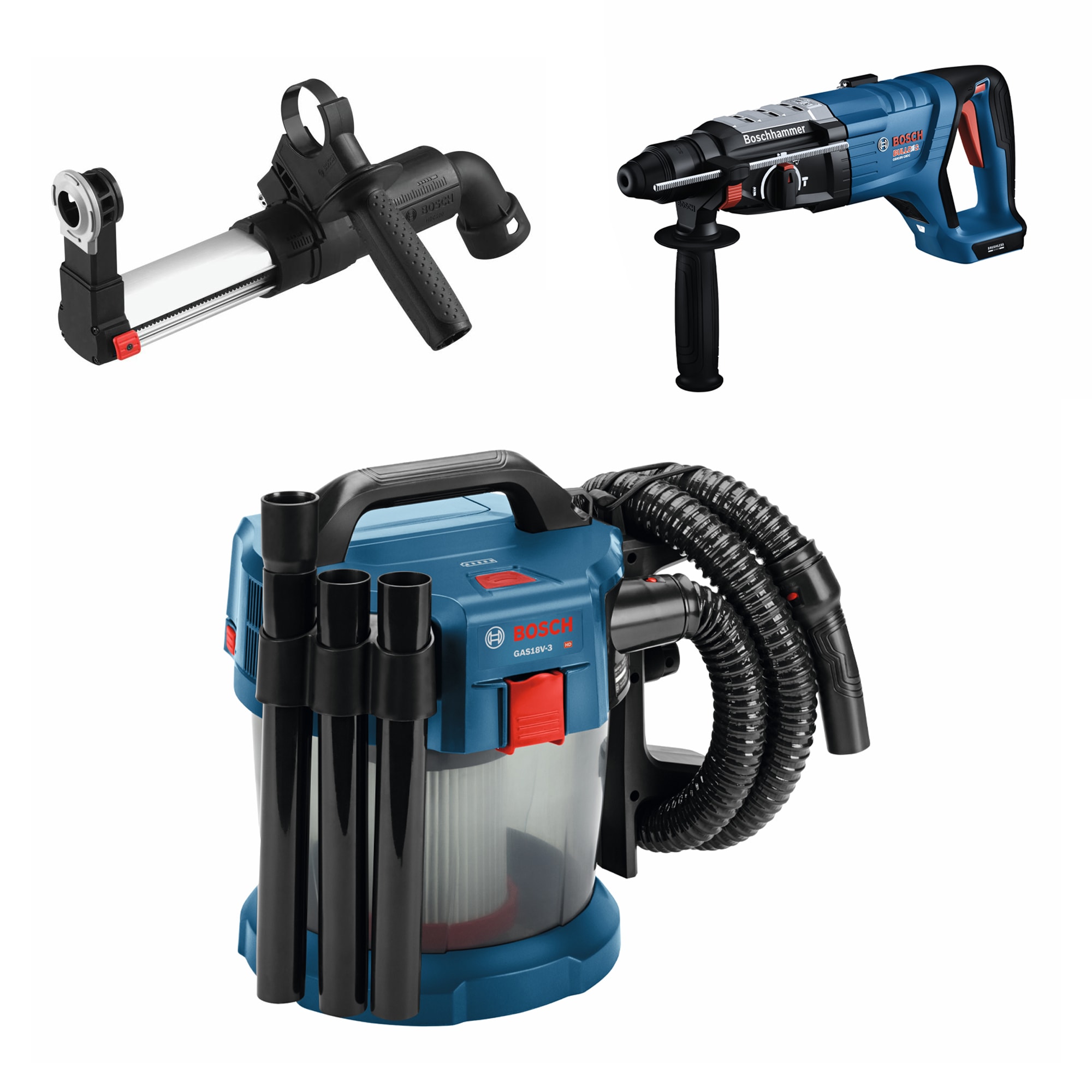 Bosch GBH18V-28DCN 18V Brushless SDS-plus Bulldog™ 1-1/8 In. Rotary Hammer  (Bare Tool), HDC100 SDS-Plus Dust Collection Attachment, and GAS18V-3N 18V 
