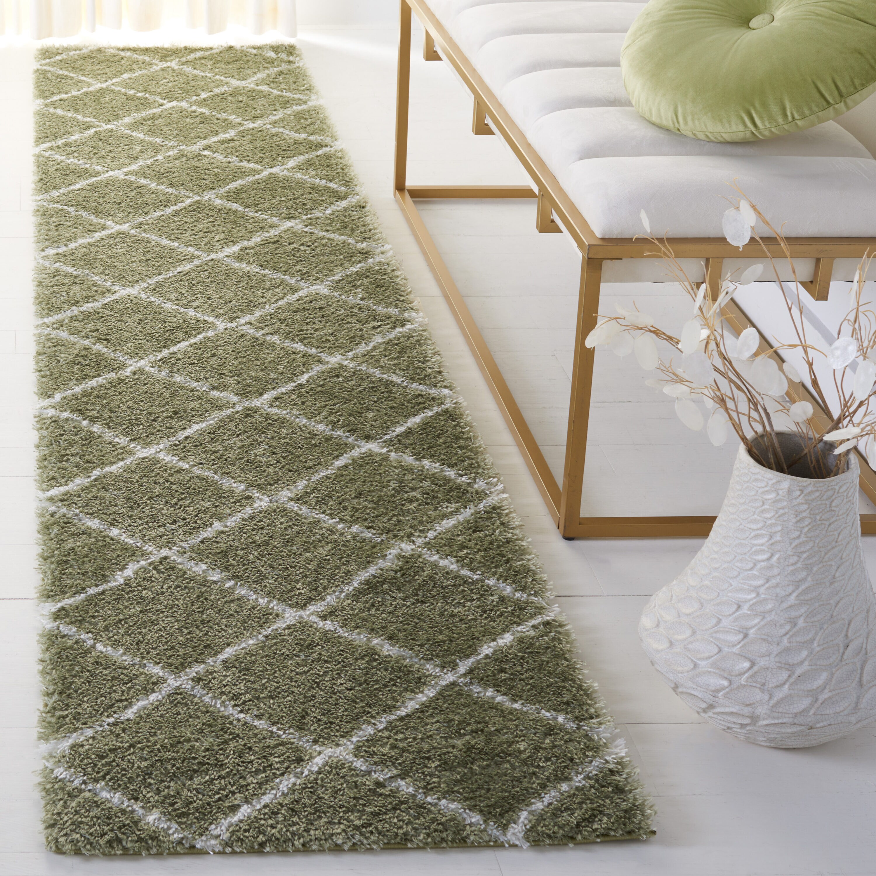 Sage and White Geometric Shag Runner Rug, 2' x 9'