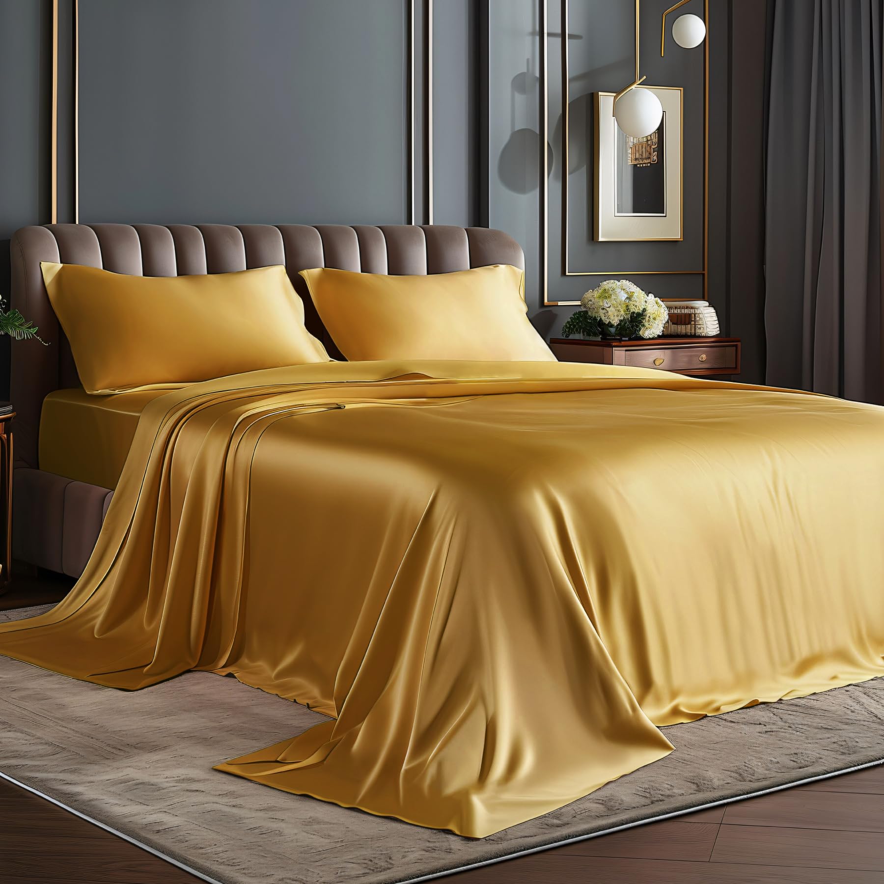 CovertSafe 4 Pieces Queen Satin Sheets Set Silky Soft Hair Skin Deep Pocket